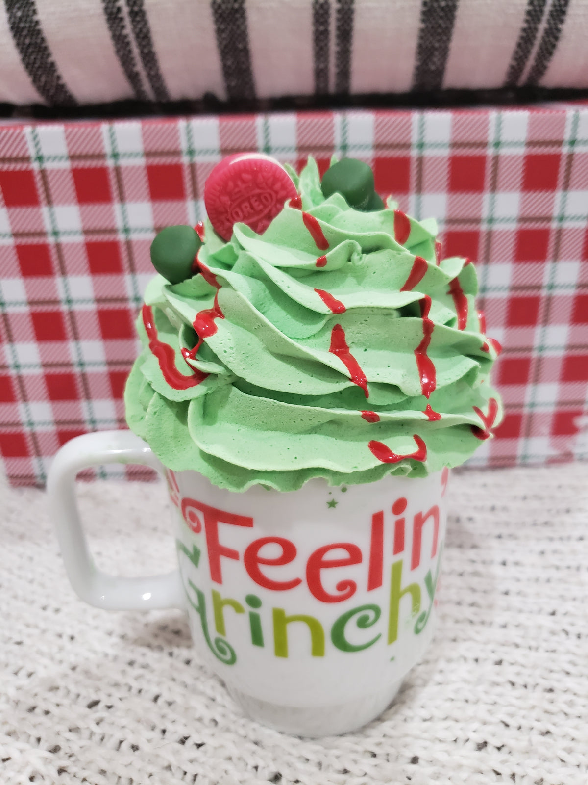 Pip Posh Design Faux Sweet Décor &quot;Feelin Grinchy Double Sided Mug &amp; Green Whipped Topper Holiday Collection