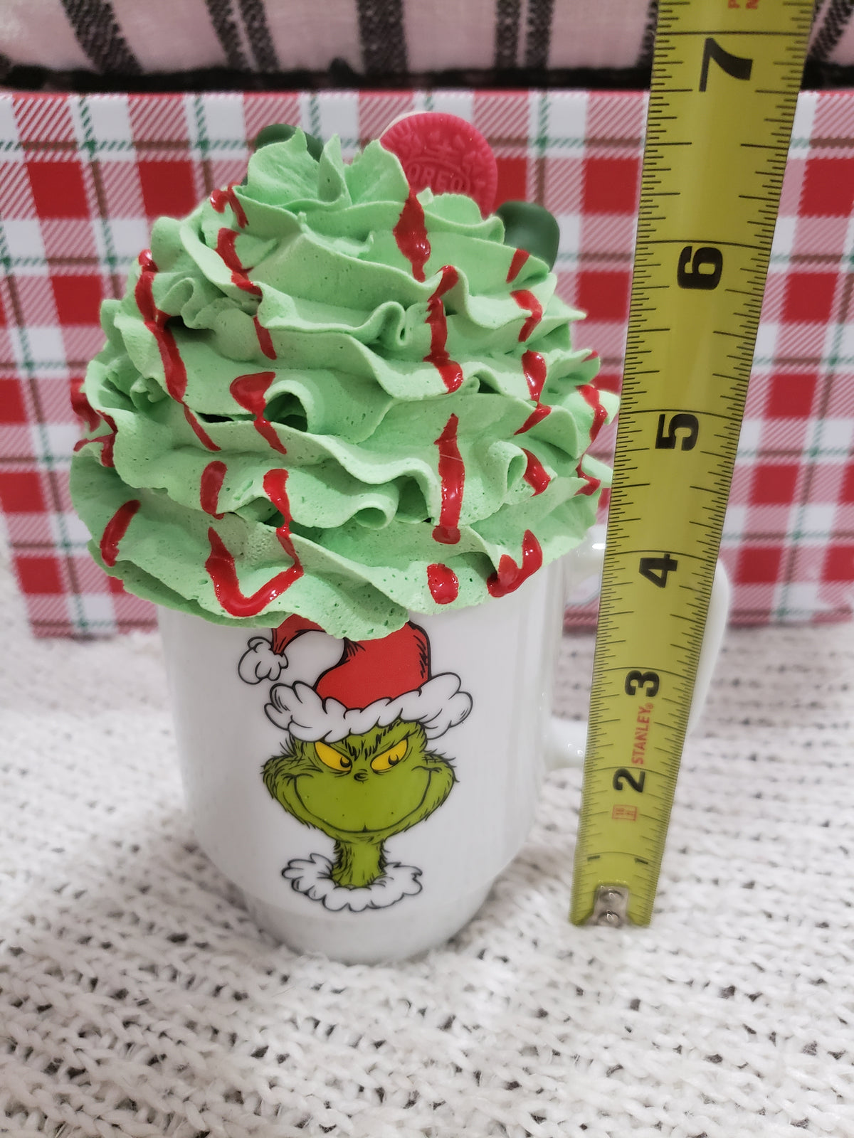 Pip Posh Design Faux Sweet Décor &quot;Feelin Grinchy Double Sided Mug &amp; Green Whipped Topper Holiday Collection