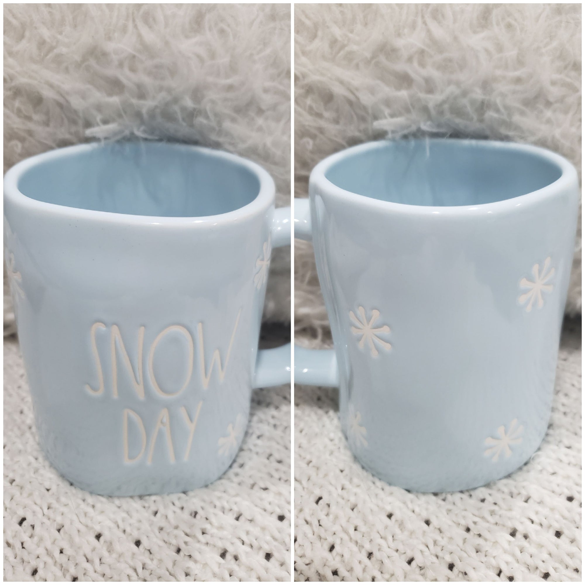 Rae Dunn "Snow Day" Powder Blue Double Sided Snowflake Mug Holiday Collection.