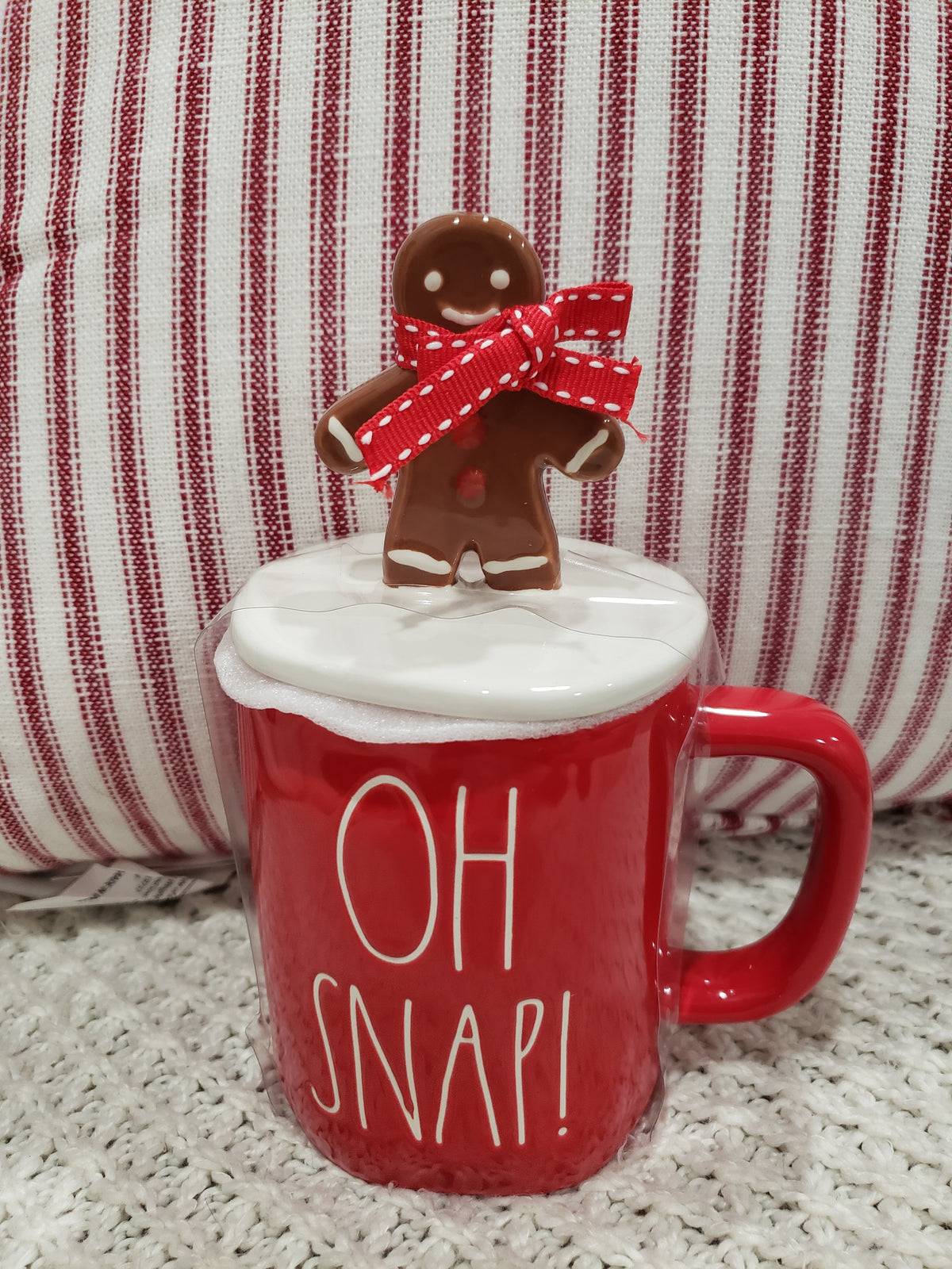 Rae Dunn &quot;Oh Snap!&quot; Red Mug &amp; Gingerbread Man Topper Holiday Collection