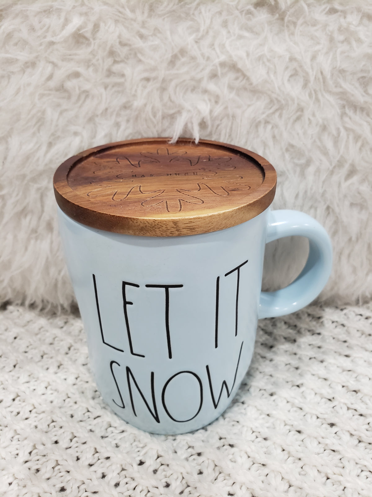 Rae Dunn &quot;Let It Snow&quot; Powder Blue Mug &amp; Wooden Mug Topper Holiday Collection