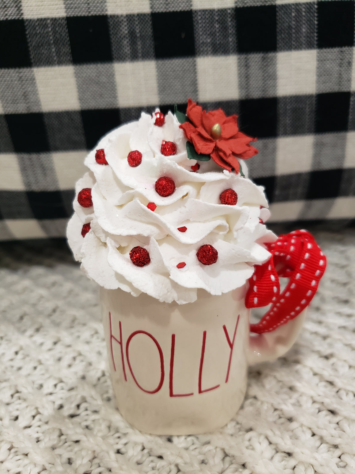Rae Dunn &quot;Holly&quot; White Mini Mug &amp; Pip Posh Design Faux Sweet Décor Mistletoe Whipped Topper Holiday Collection