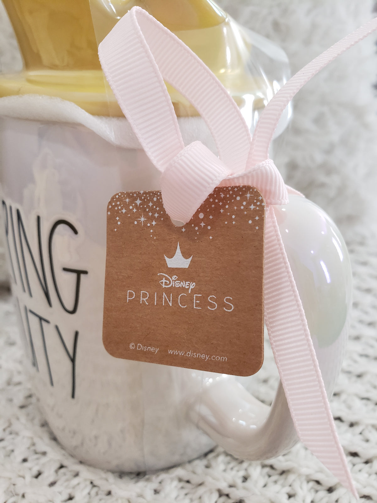 Rae Dunn &quot;Sleeping Beauty&quot; White Iridescent Double Sided Mug &amp; Crown Mug Topper Disney&#39;s Princess Collection