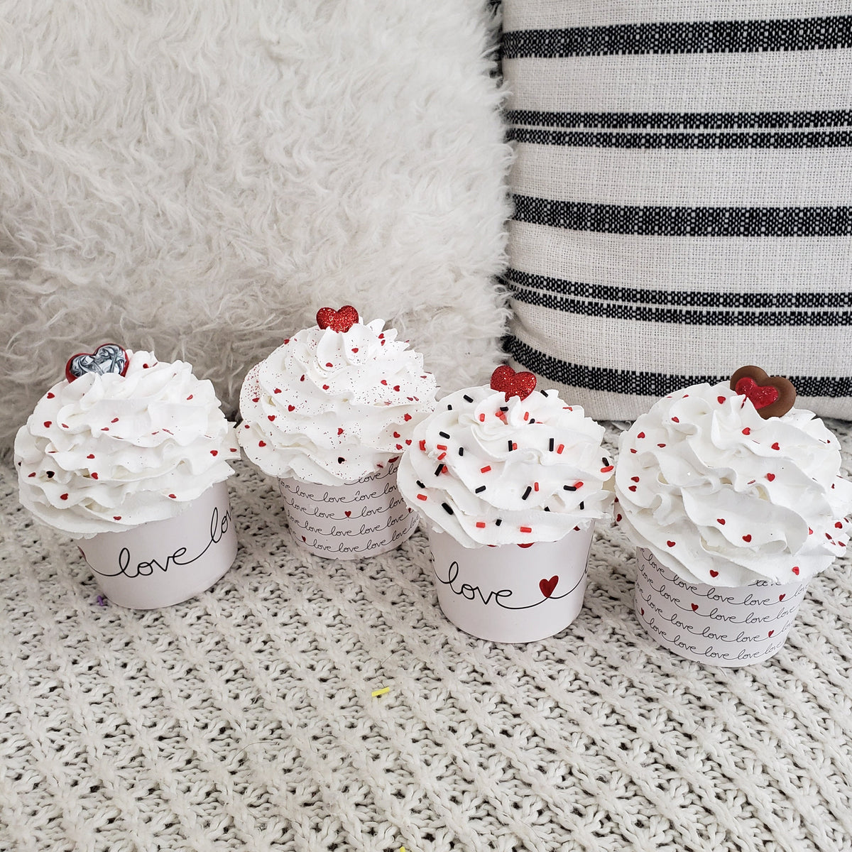 Pip Posh Design Faux Sweet Décor &quot;Love&quot; White Whipped Hearts Cupcake Assortment Set Of 4.