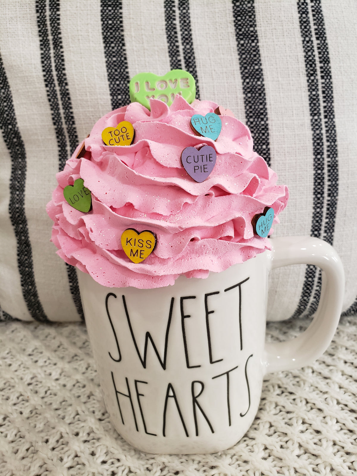 Pip Posh Design Faux Sweet Décor Pink Whipped I Love You Candy Hearts Mug Topper Collection