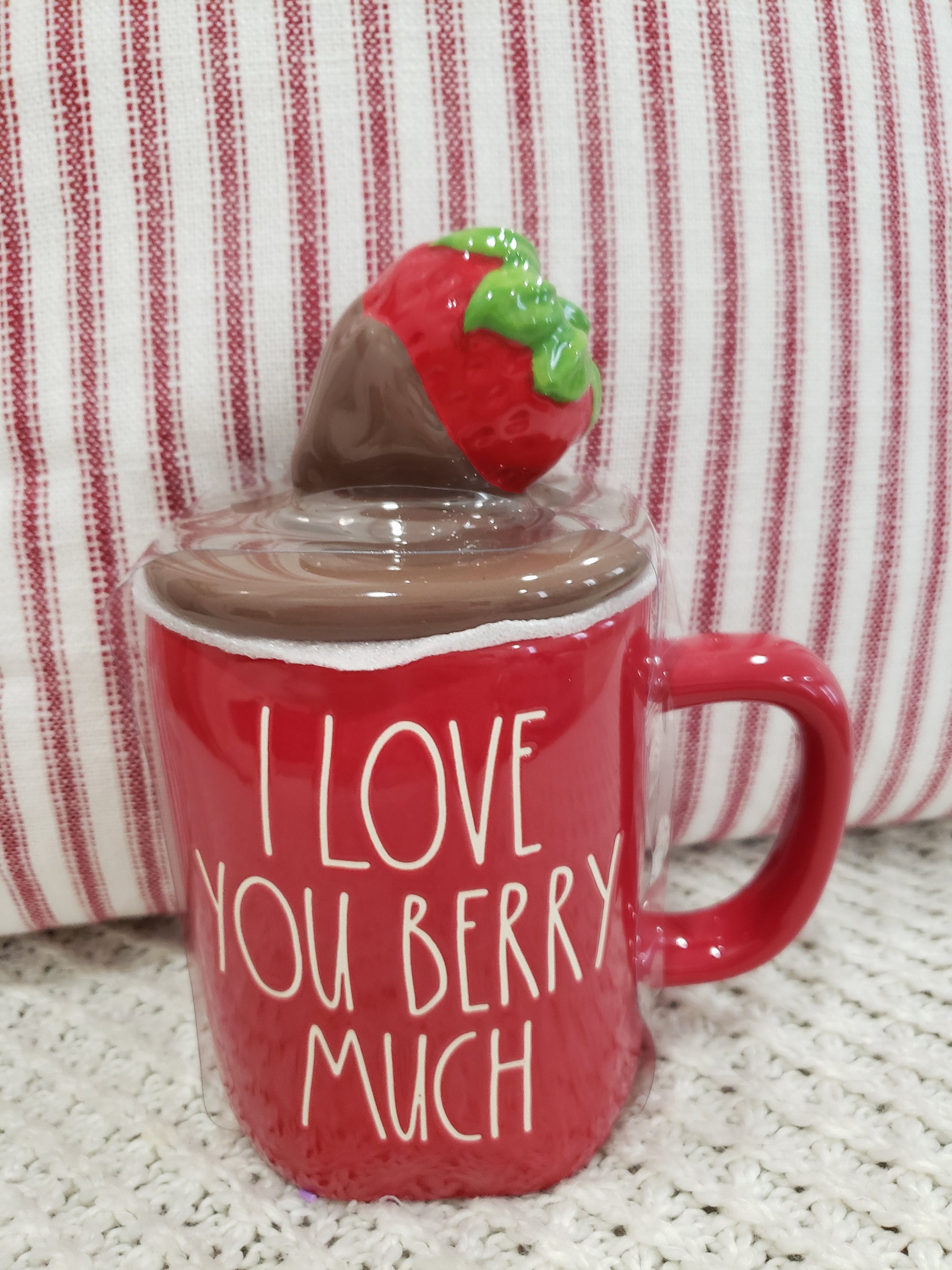 Rae Dunn " I Love You Berry Much" Red Mug & Chocolate Covered Strawberry Mug Topper Collection