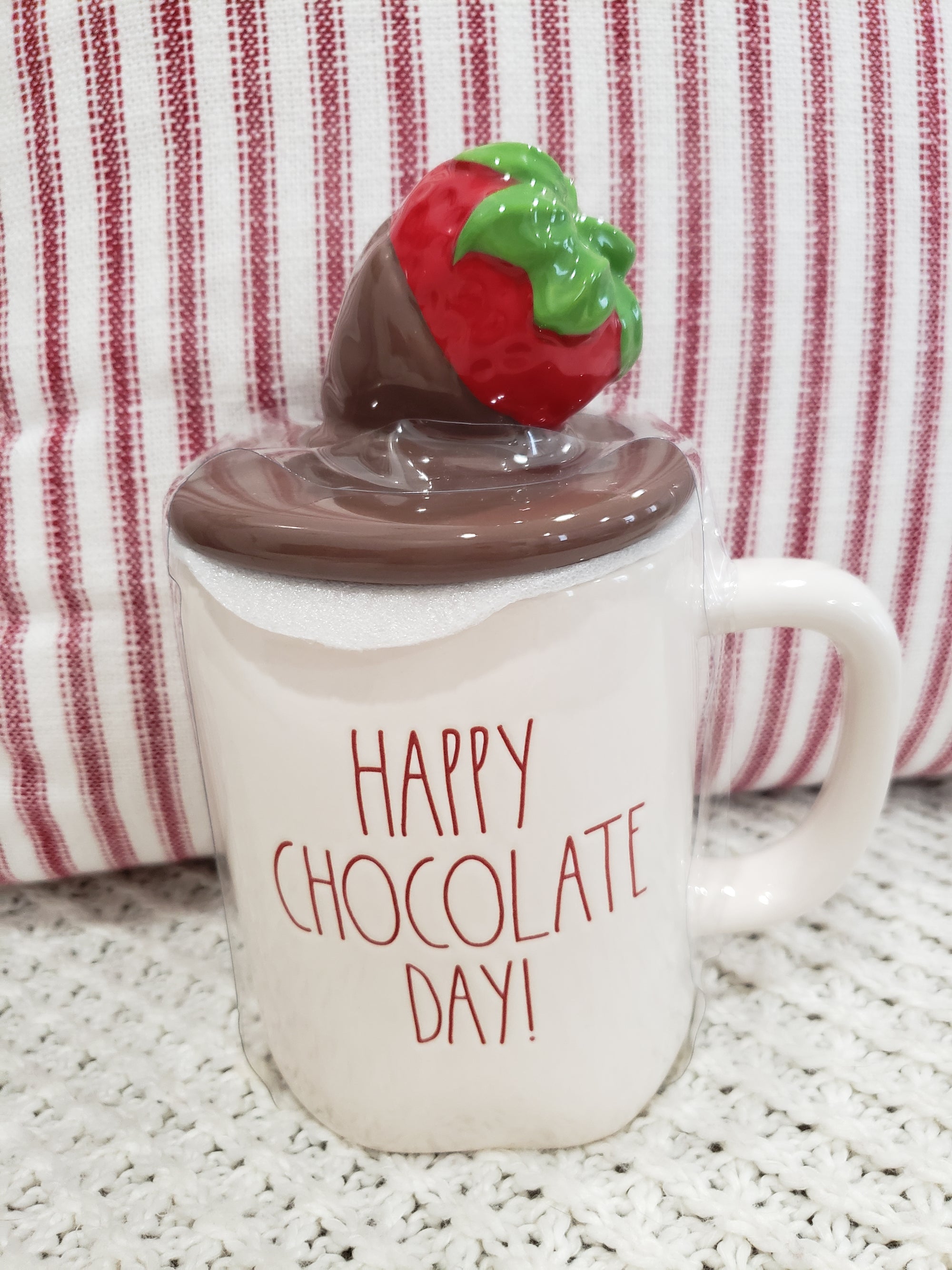 Rae Dunn " Happy Chocolate Day" White Mug & Chocolate Covered Strawberry Mug Topper Valentines Day Collection