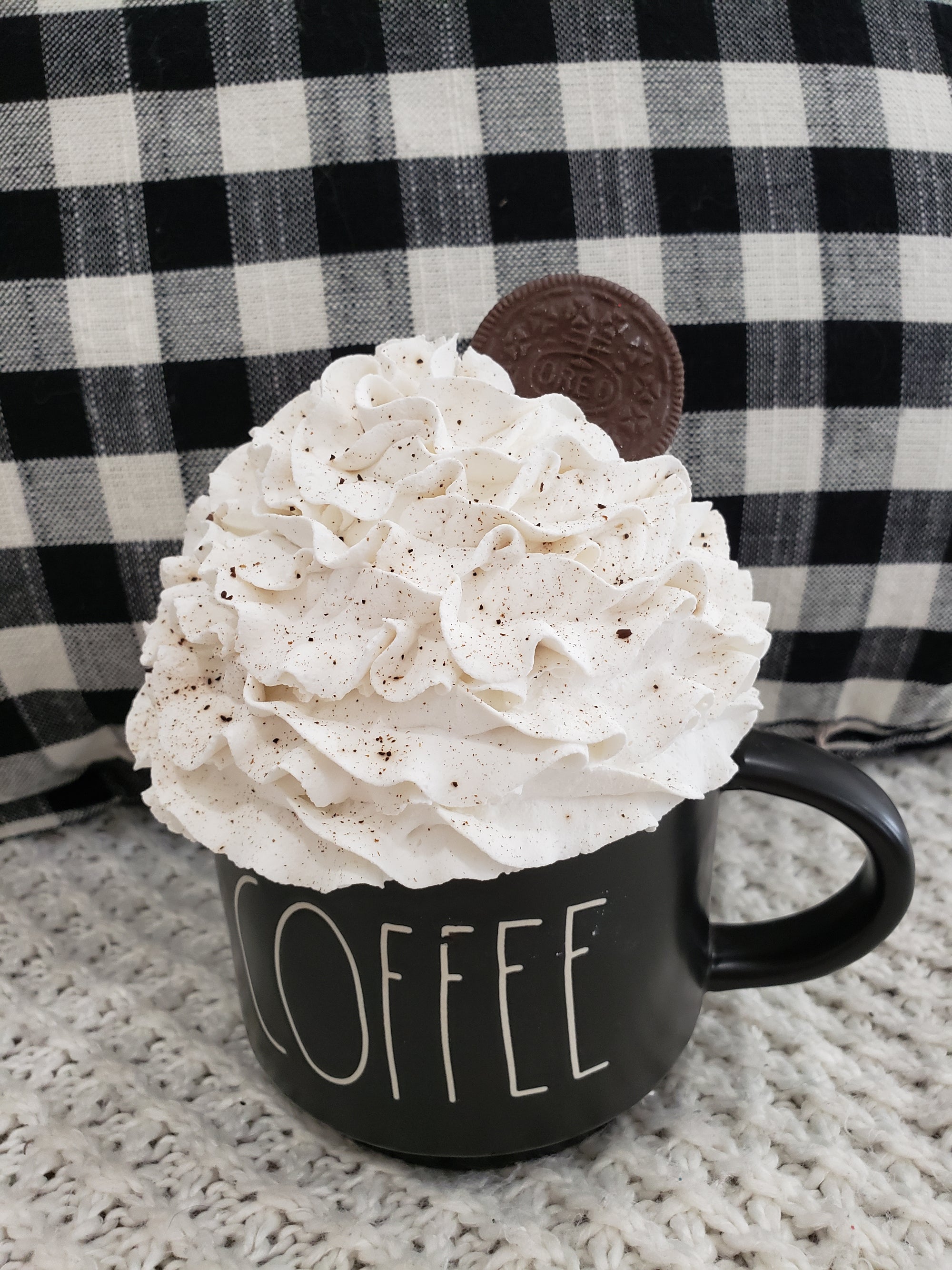 Rae Dunn "Coffee" Black Mug & Pip Posh Design Faux Sweet Décor White Whipped Oreo Cookie Topper