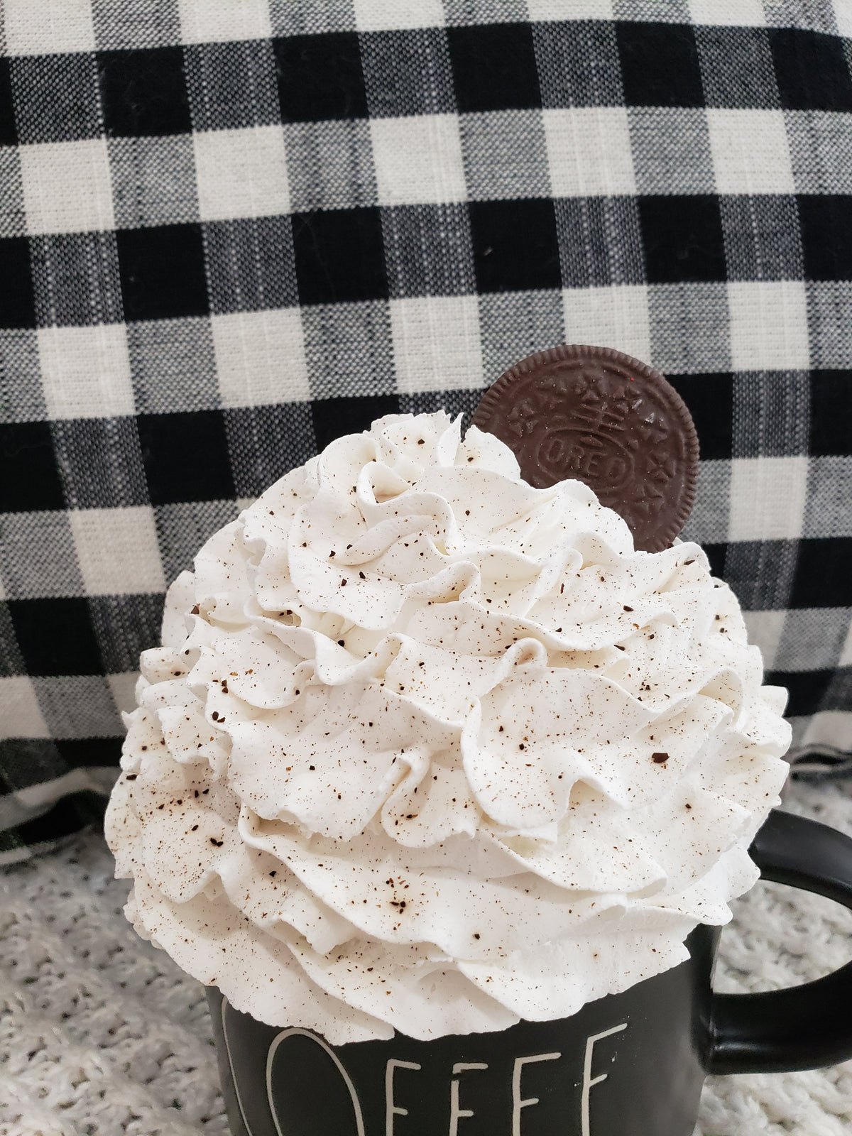 Rae Dunn &quot;Coffee&quot; Black Mug &amp; Pip Posh Design Faux Sweet Décor White Whipped Oreo Cookie Topper
