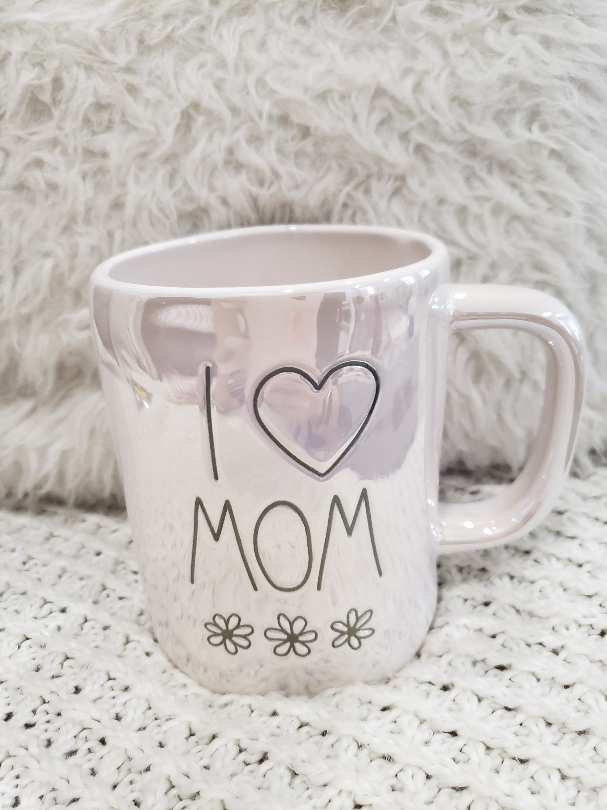 Rae Dunn " I Love Mom" White Iridescent Mug Collection