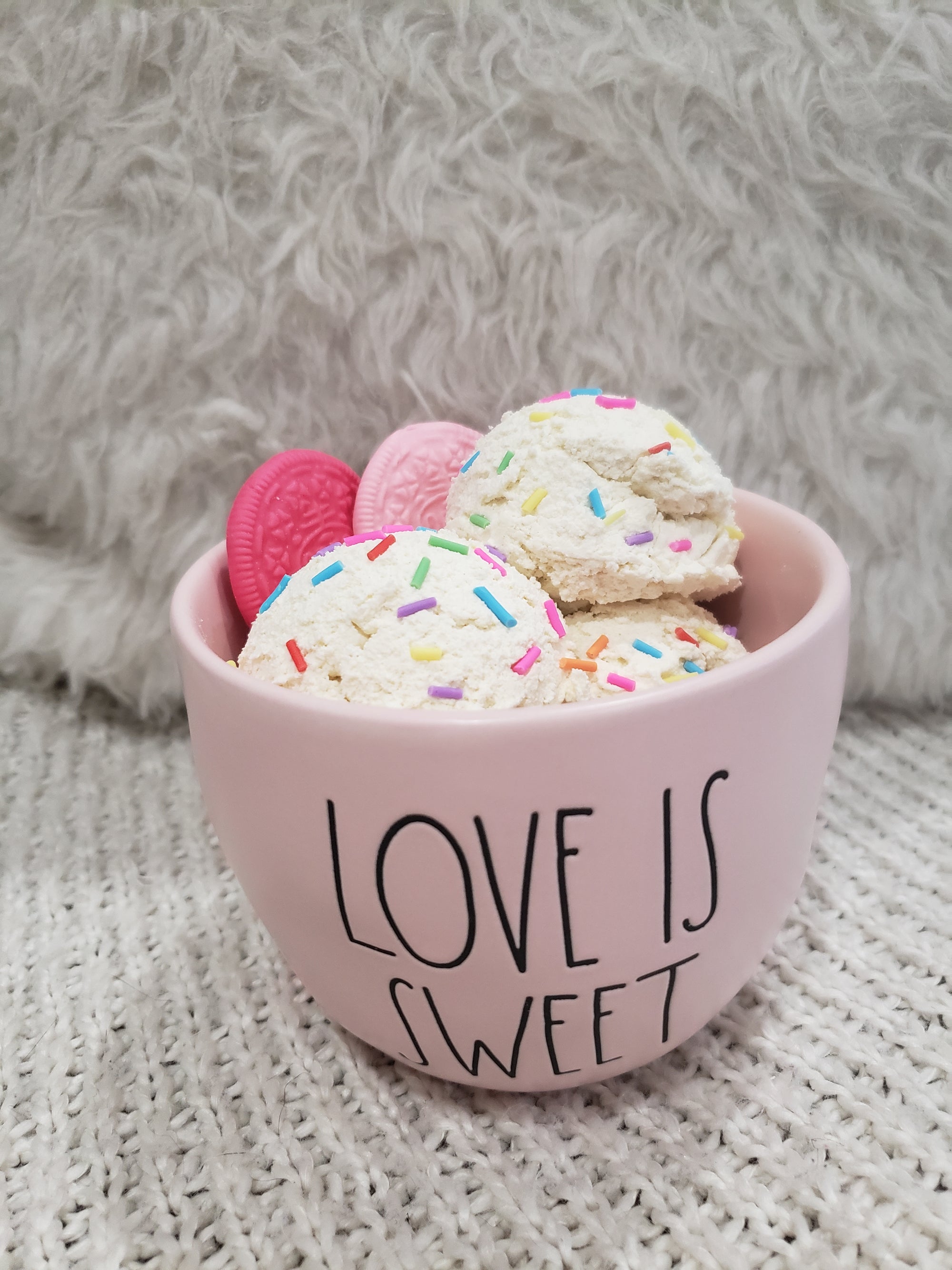 Rae Dunn "Love Is Sweet"  Pink Bowl & Pip Posh Design Faux Sweet Décor Vanilla Oreo Confetti Ice Cream Dessert Collection