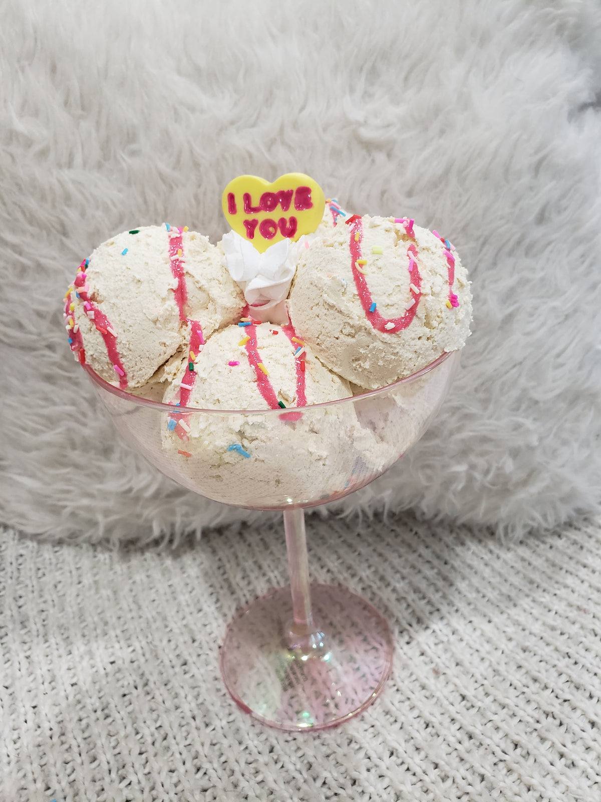 Pip Posh Design Faux Sweet Décor &quot;I Love You&quot; Candy Heart Vanilla Confetti Ice Cream Sundae Dessert Collection