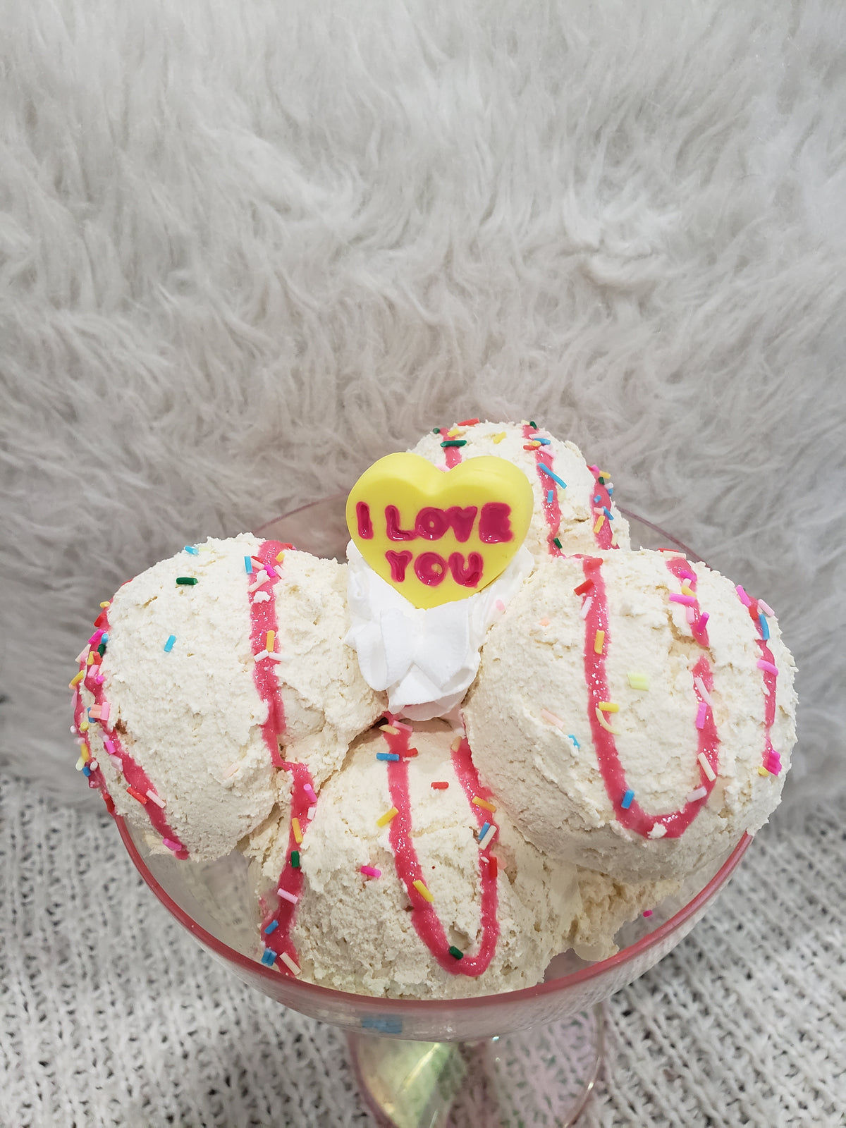 Pip Posh Design Faux Sweet Décor &quot;I Love You&quot; Candy Heart Vanilla Confetti Ice Cream Sundae Dessert Collection