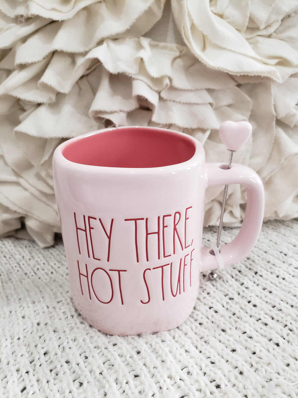 Rae Dunn &quot;Hey There, Hot Stuff&quot; Pink Mug &amp; Heart Stir Spoon Collection
