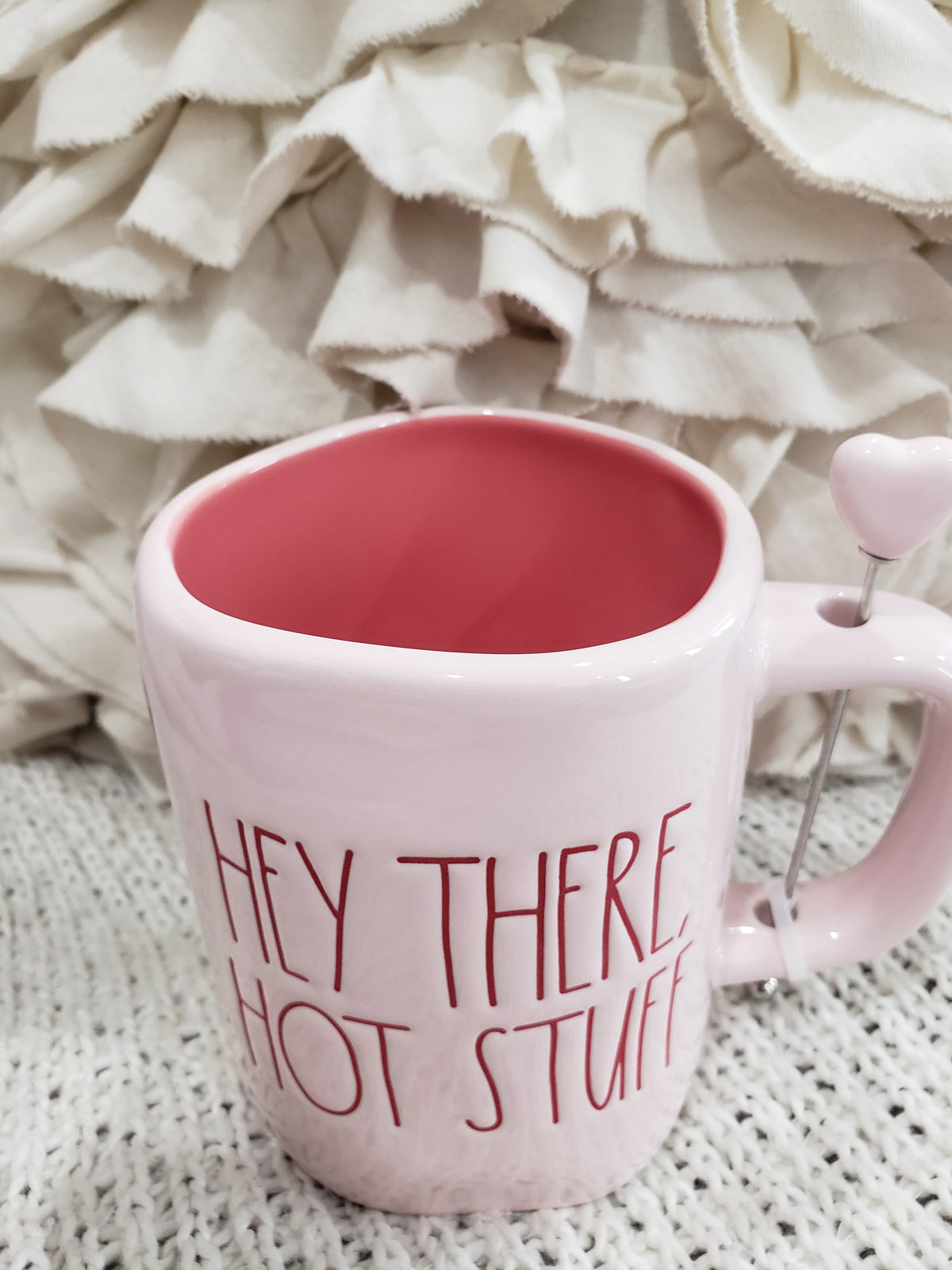 Rae Dunn &quot;Hey There, Hot Stuff&quot; Pink Mug &amp; Heart Stir Spoon Collection