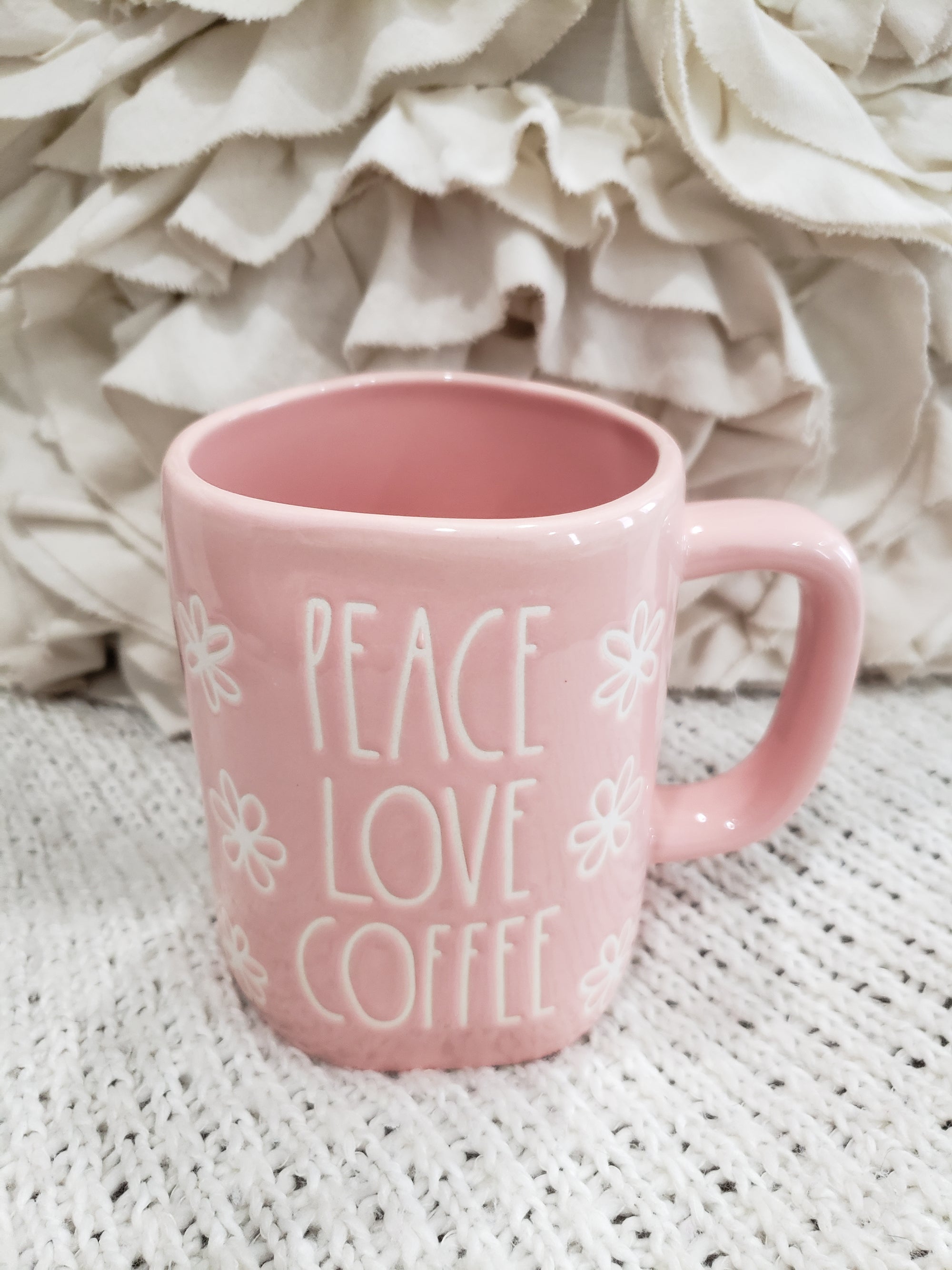 Rae Dunn "Peace Love Coffee " Pink Embossed Flowers Mug Spring Collection