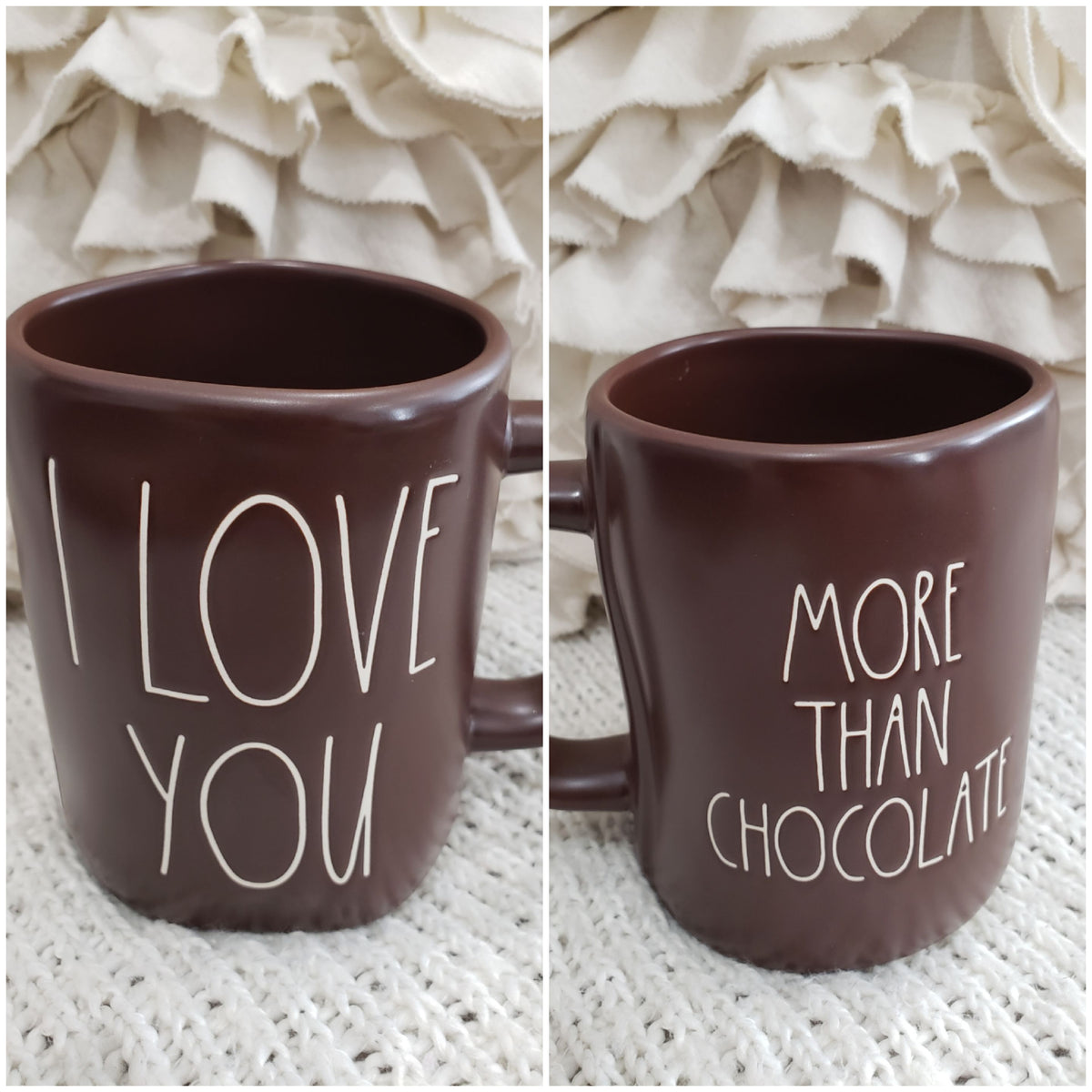 Rae Dunn &quot;I Love You More Than Chocolate&quot; Brown Double Sided Mug Collection