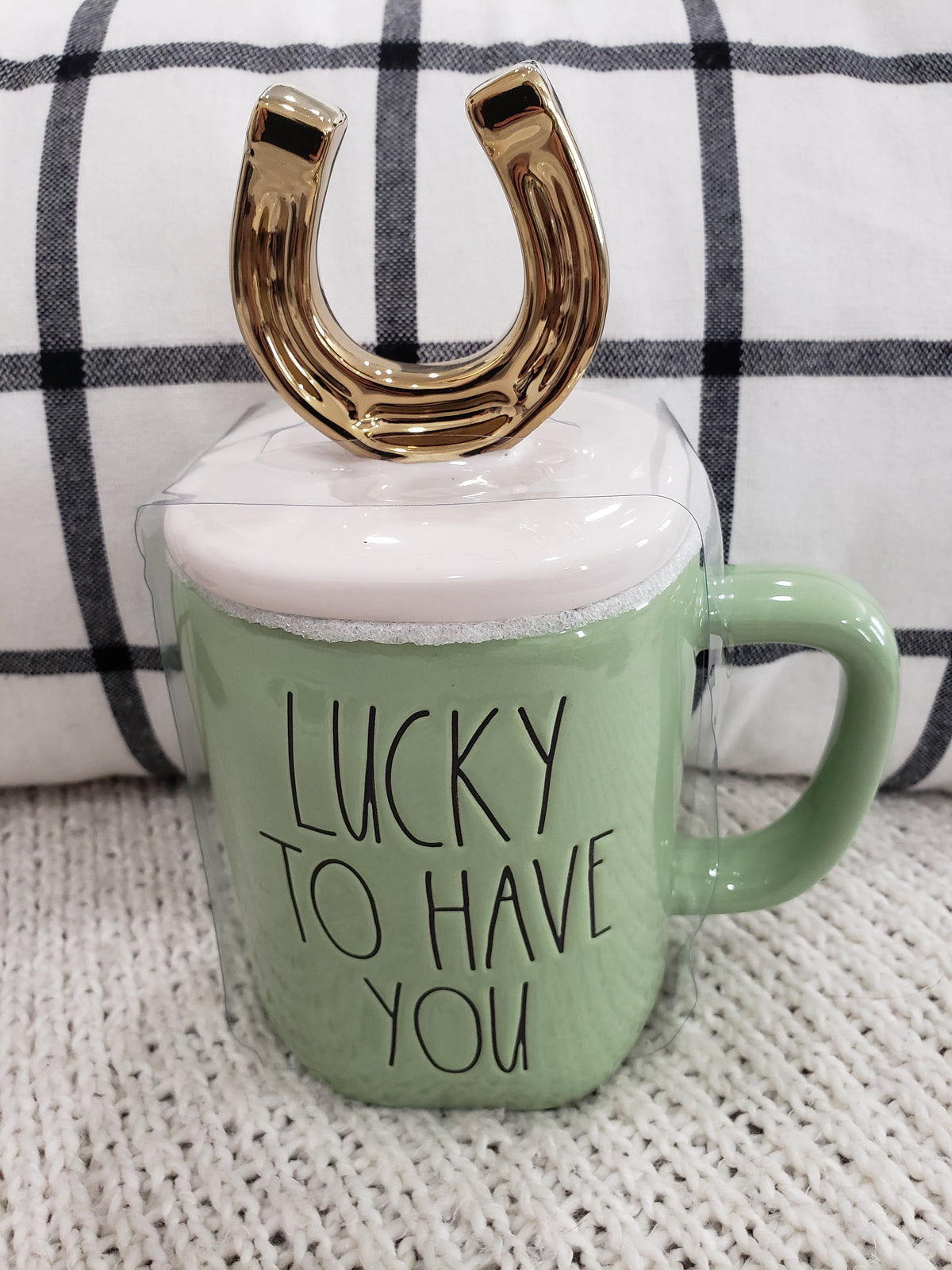 Rae Dunn &quot;Lucky To Have You&quot; Green Mug &amp; Horse Shoe Mug Topper Irish Collection