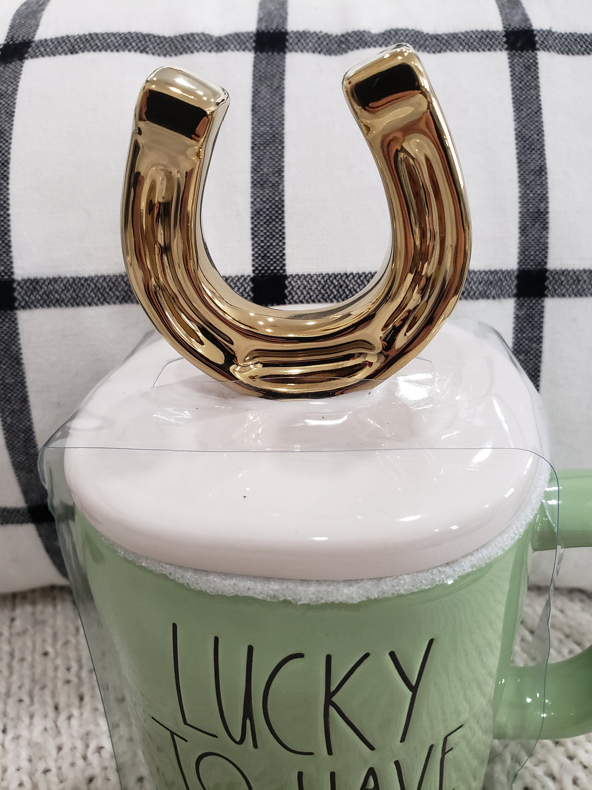 Rae Dunn &quot;Lucky To Have You&quot; Green Mug &amp; Horse Shoe Mug Topper Irish Collection
