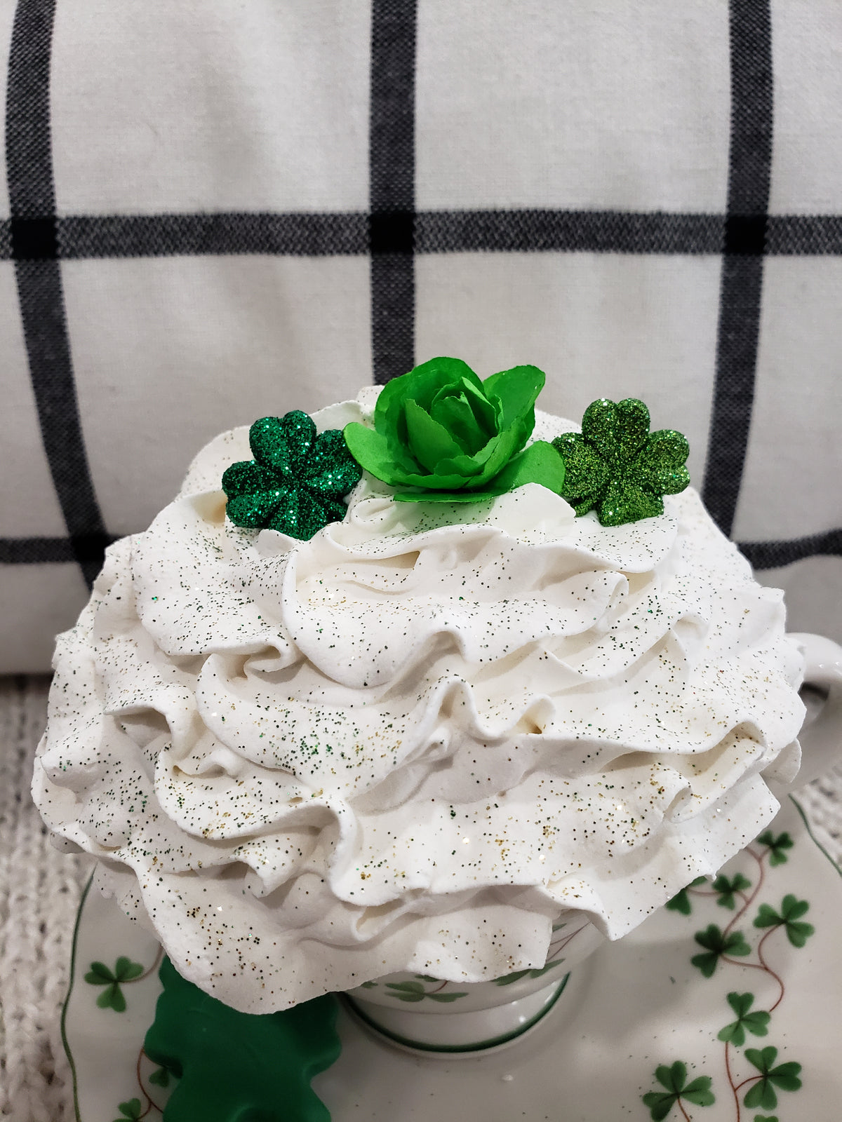 Pip Posh Design Faux Sweet Décor Shamrock Tea Cup &amp; White Whipped Shamrock Topper Collection