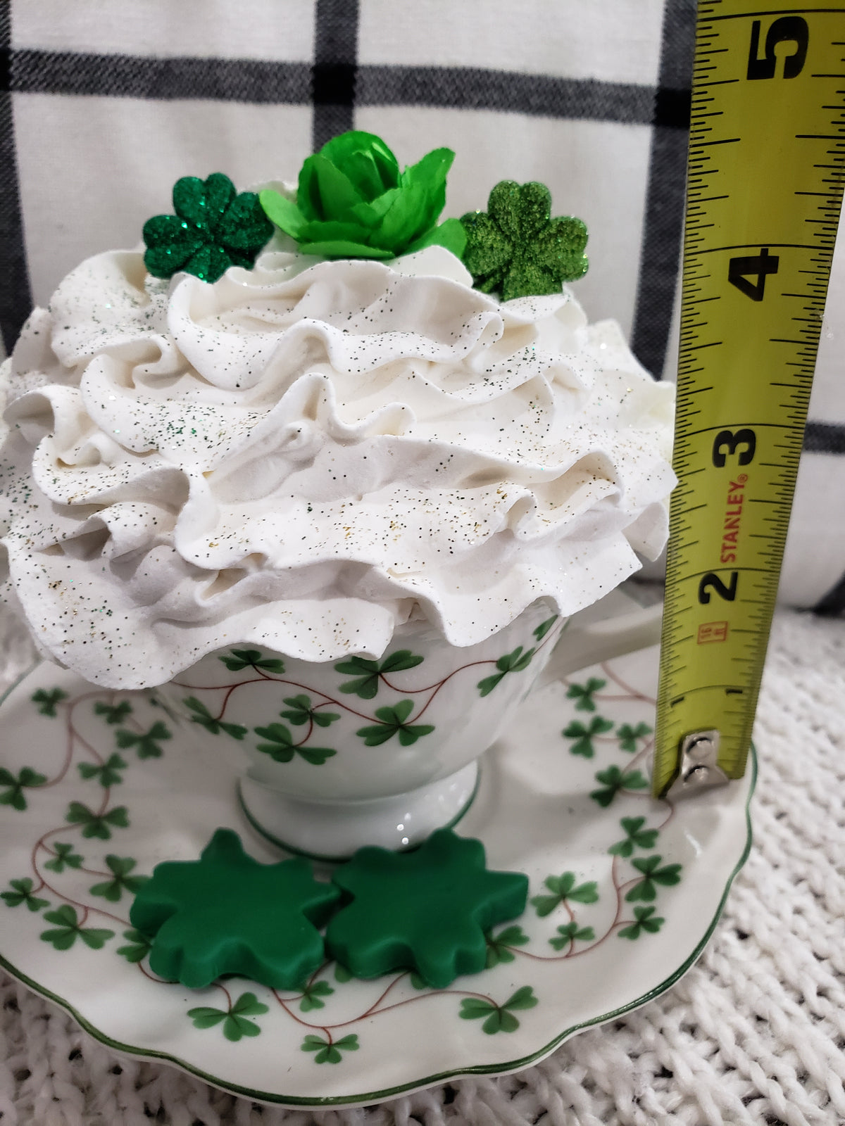 Pip Posh Design Faux Sweet Décor Shamrock Tea Cup &amp; White Whipped Shamrock Topper Collection