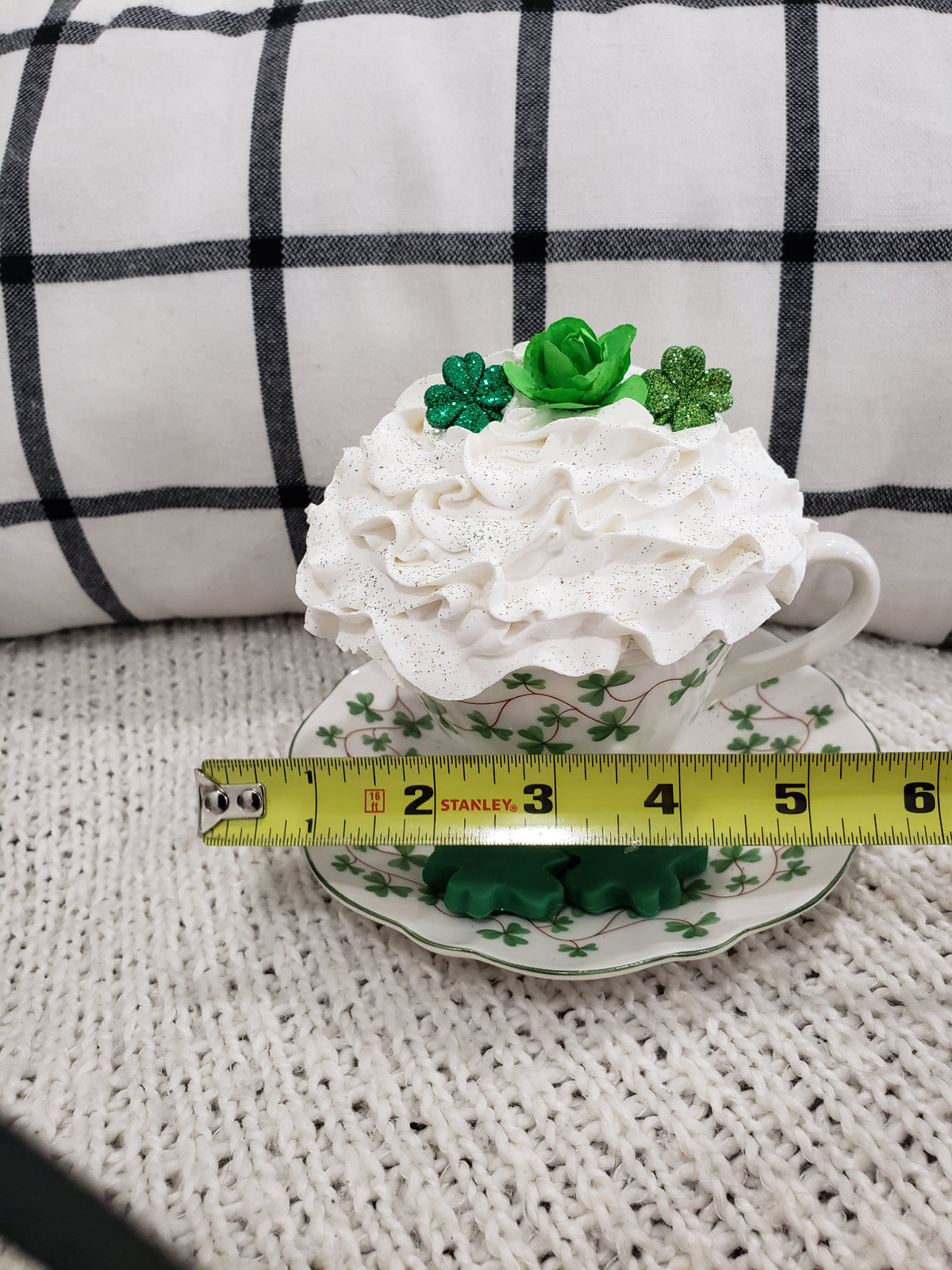Pip Posh Design Faux Sweet Décor Shamrock Tea Cup &amp; White Whipped Shamrock Topper Collection