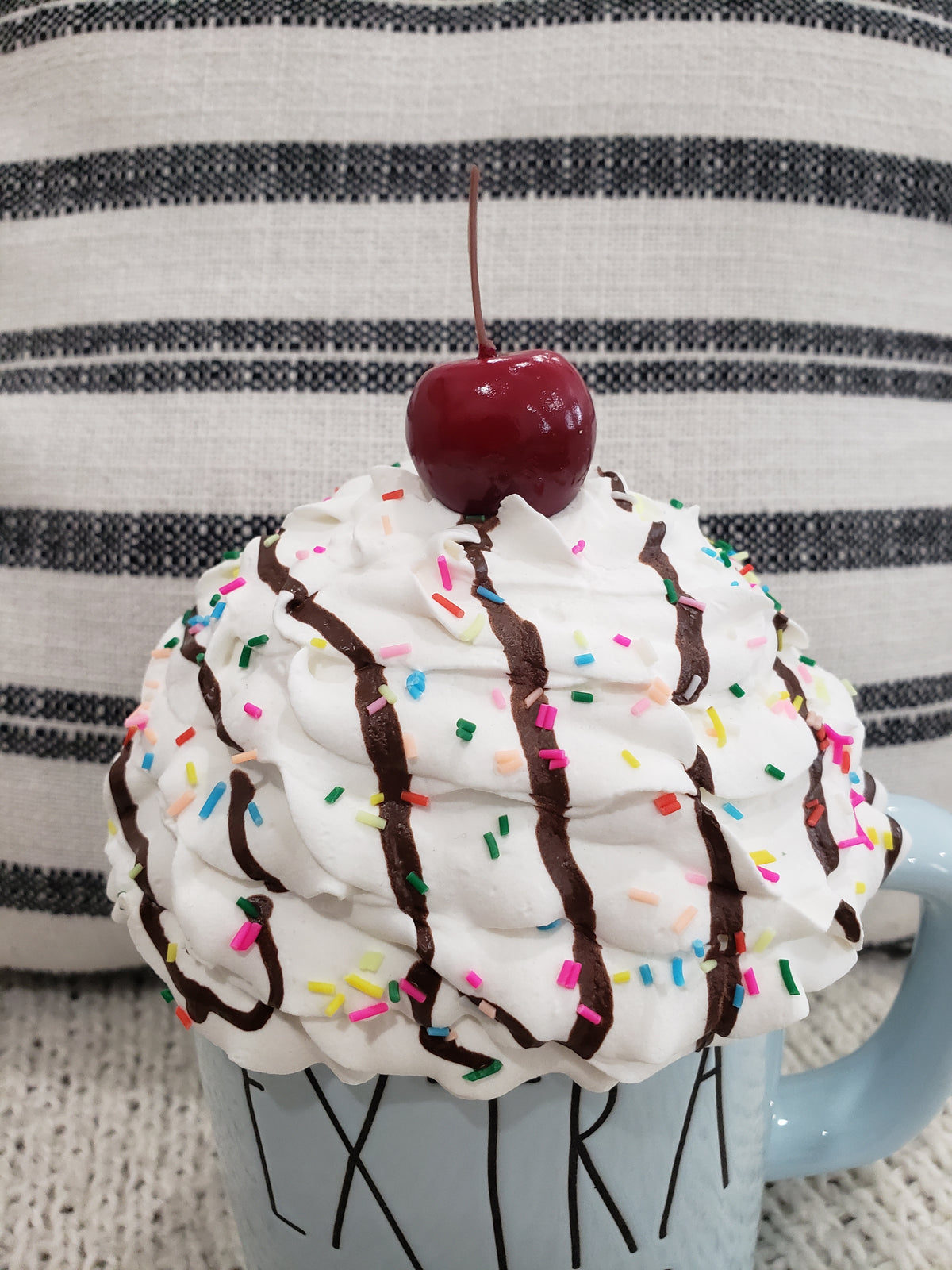 Rae Dunn &quot;Extra Whip&quot; Powder Blue Mug &amp; Pip Posh Design Faux Sweet Décor White Confetti Cherry Chocolate Drizzle Whipped Topper Collection