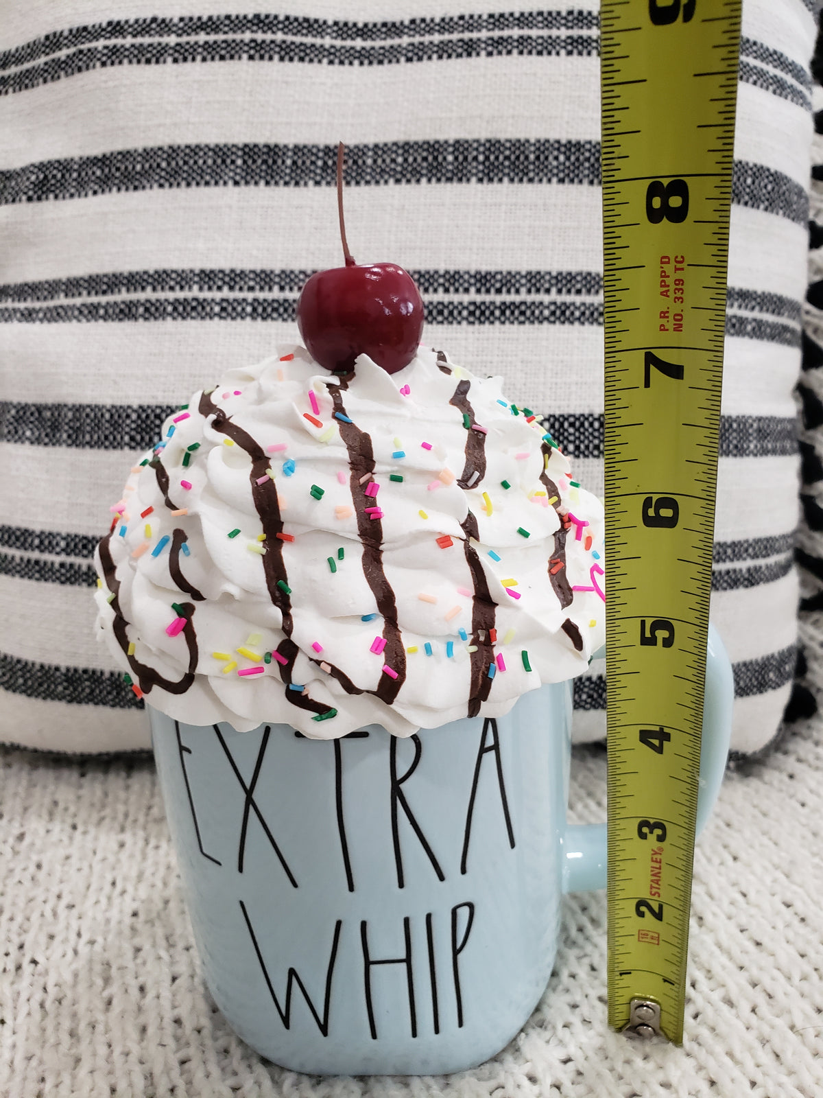 Rae Dunn &quot;Extra Whip&quot; Powder Blue Mug &amp; Pip Posh Design Faux Sweet Décor White Confetti Cherry Chocolate Drizzle Whipped Topper Collection