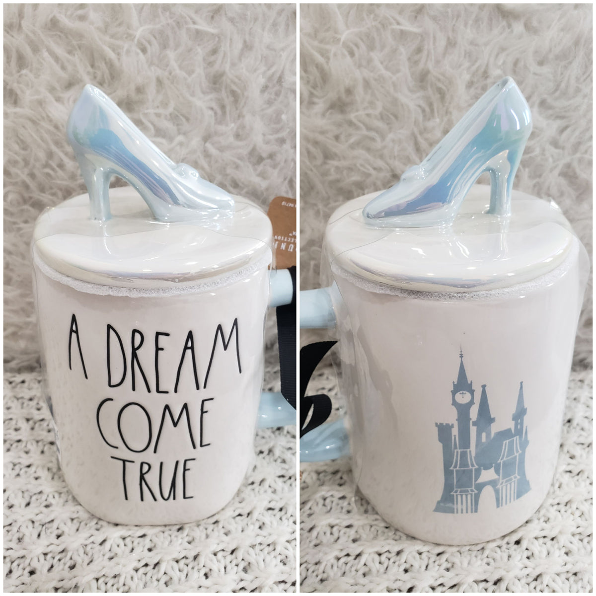 Rae Dunn &quot;A Dream Come True&quot; Cinderella&#39;s Castle Double Sided Mug &amp; Glass Slipper Mug Topper Disney&#39;s Princess Collection
