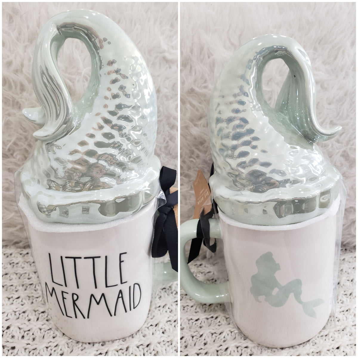 Rae Dunn &quot;Little Mermaid&quot; Mermaid Double Sided Mug &amp; Mermaid Tail Mug Topper Disney&#39;s Little Mermaid Princess Collection