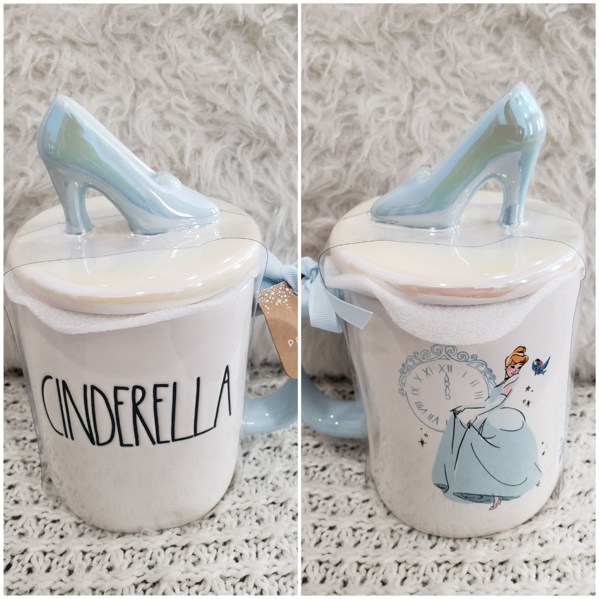 Rae Dunn &quot;Cinderella&quot; Double Sided Mug &amp; Glass Slipper Mug Topper Disney&#39;s Princess Collection