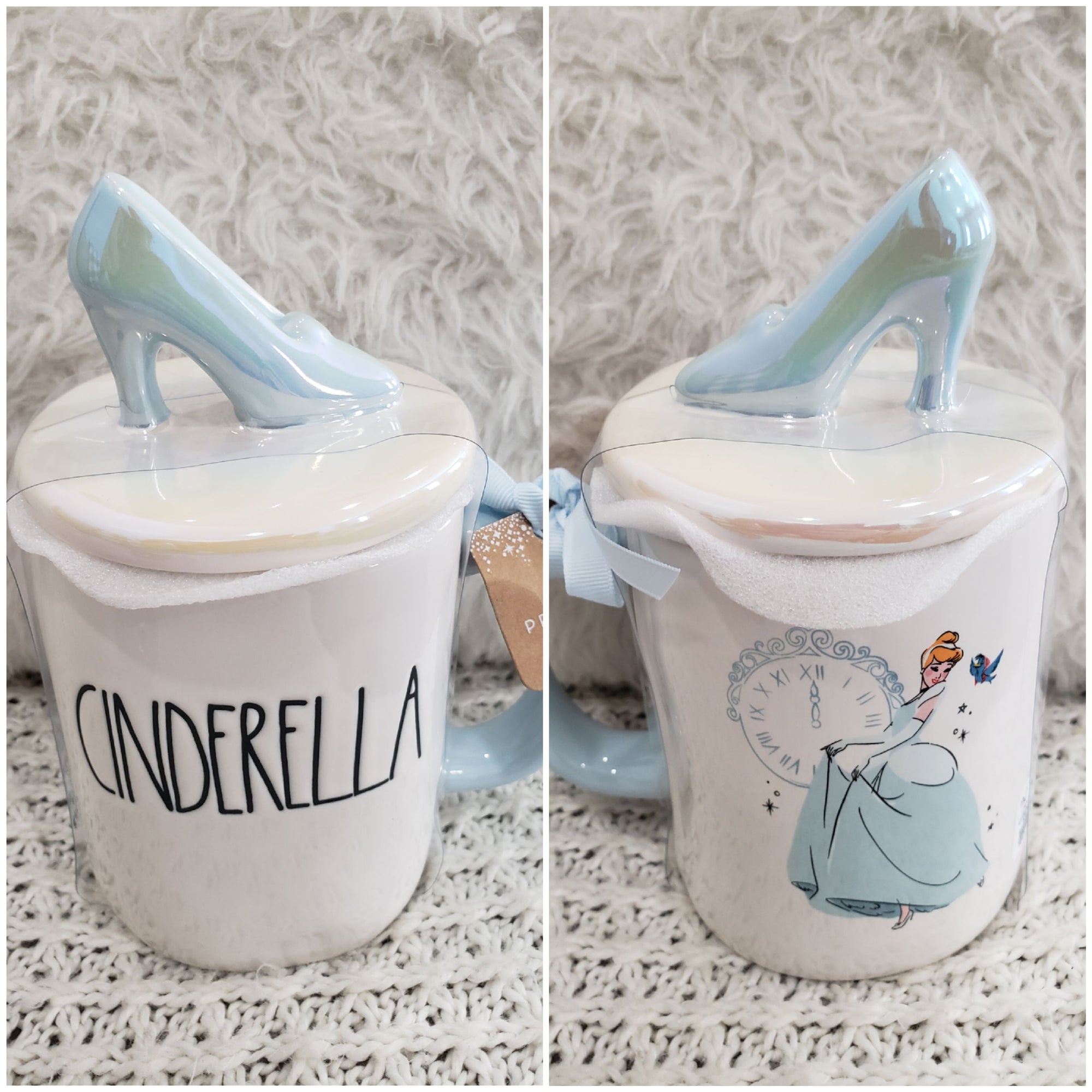 Rae Dunn "Cinderella" Double Sided Mug & Glass Slipper Mug Topper Disney's Princess Collection