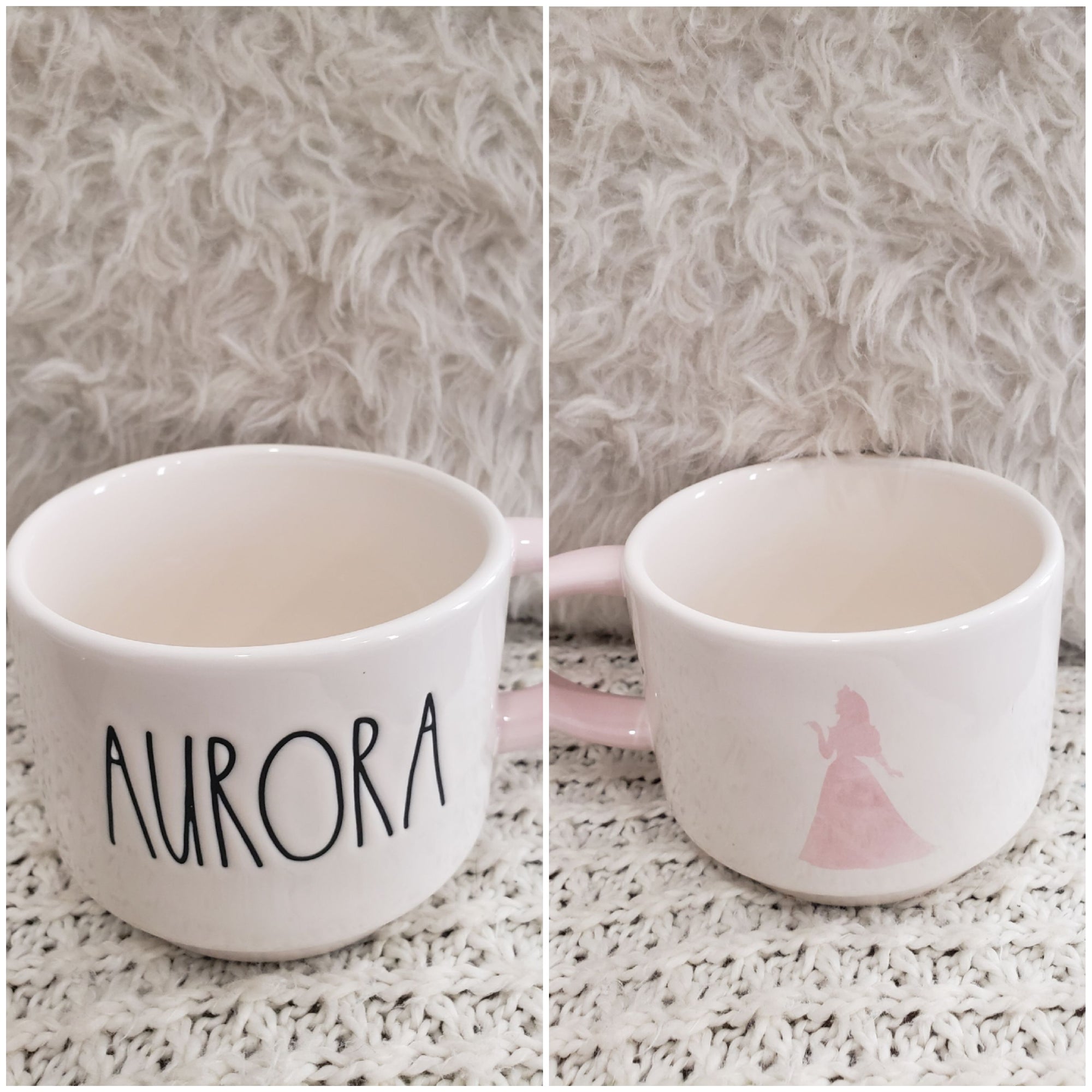 Rae Dunn "Aurora" Sleeping Beauty Pink Silhouette Double Sided Round Mug Disney's Princess Collection.