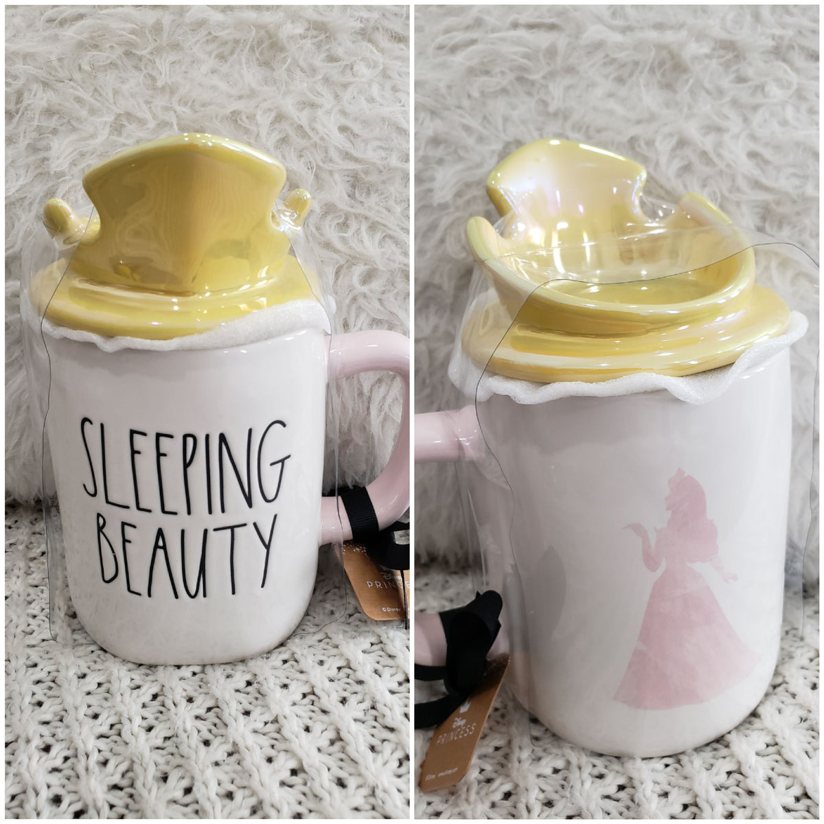 Rae Dunn &quot;Sleeping Beauty&quot; Aurora Pink Silhouette Double Sided Mug &amp; Crown Mug Topper Disney&#39;s Sleeping Beauty Princess Collection