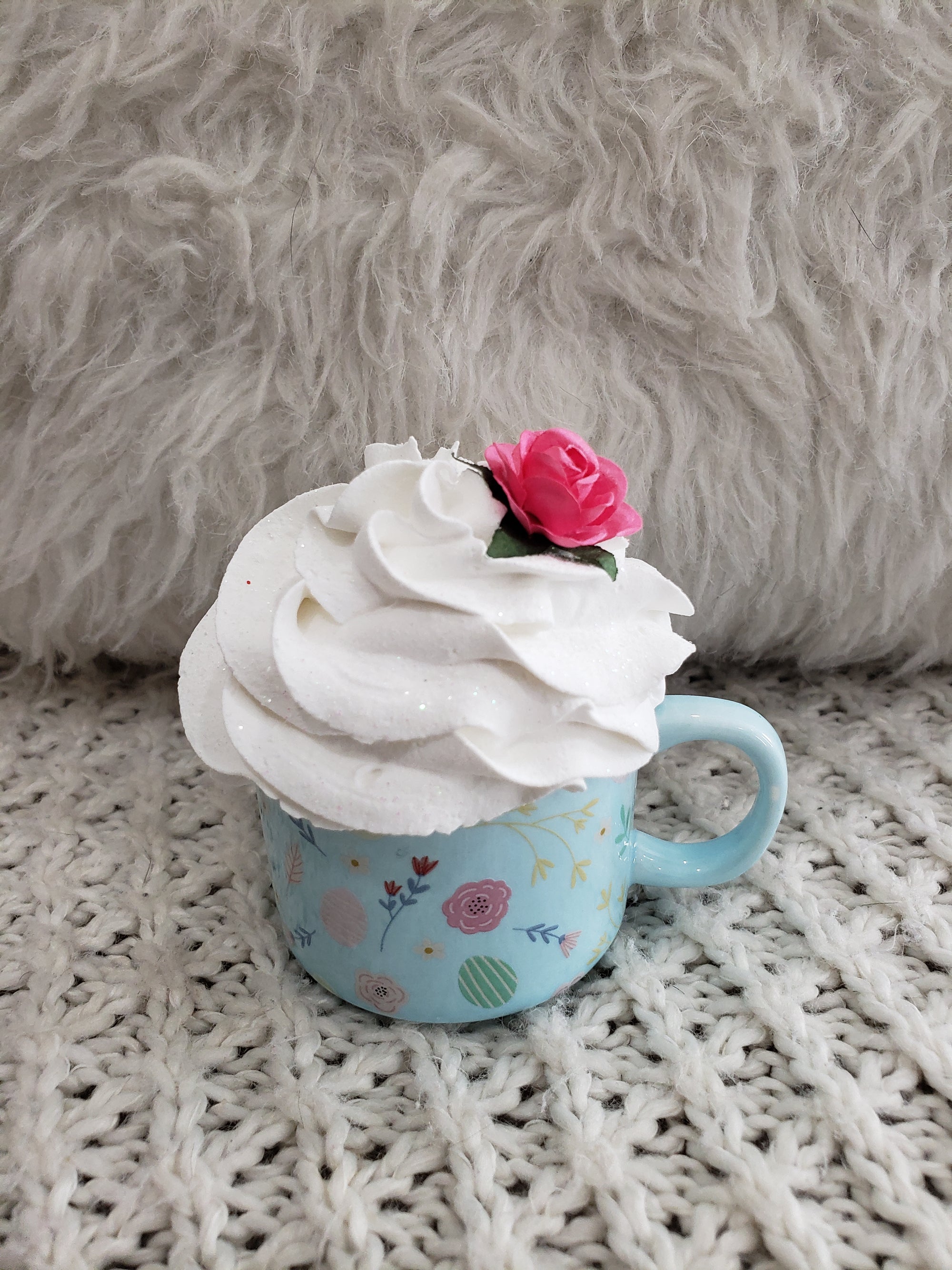 Pip Posh Design Faux Sweet Décor Mini Blue Floral Mug & White Pink Rose Whipped Topper Spring Collection