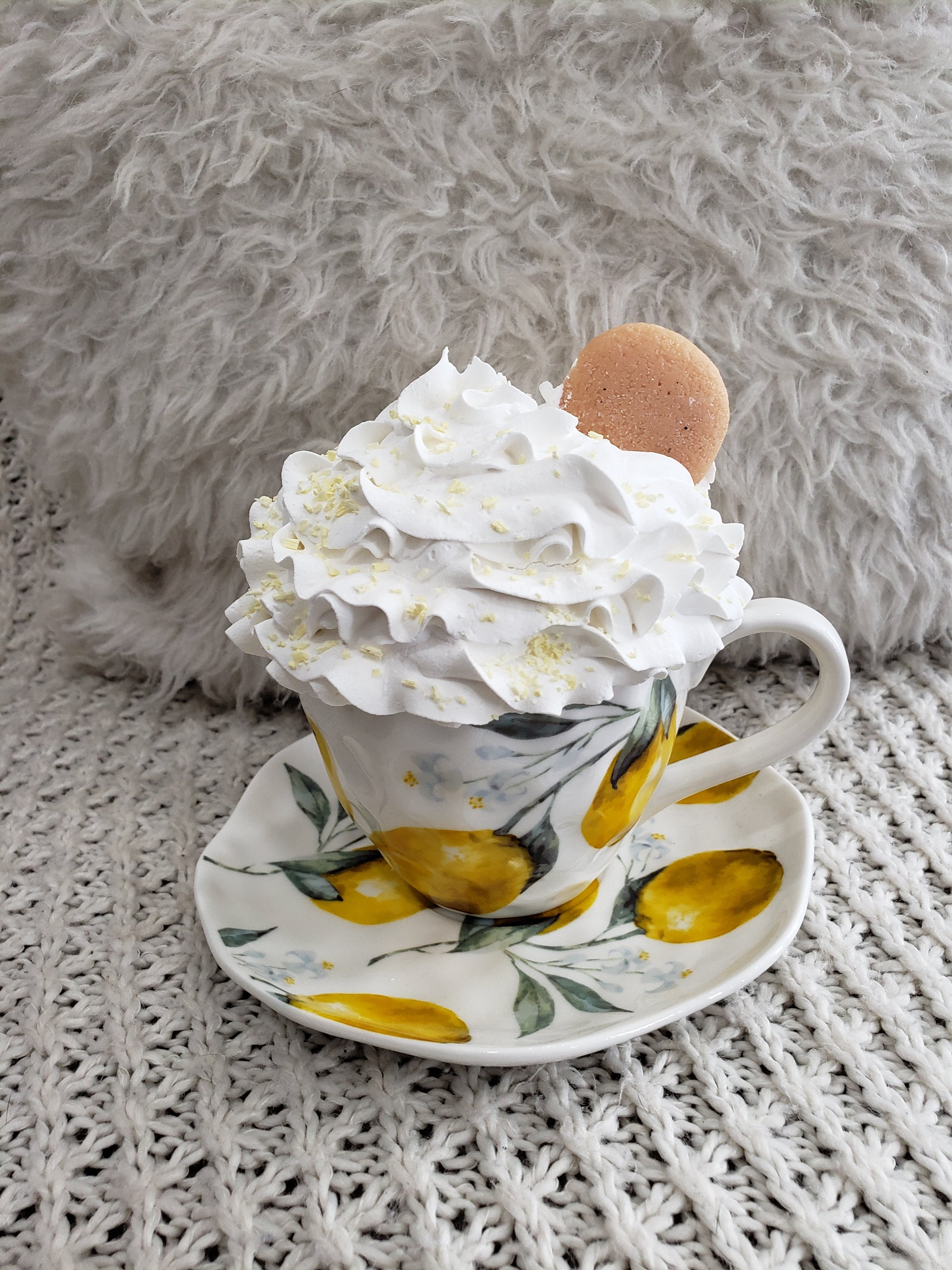 Pip Posh Design Faux Sweet Décor Lemon Tea Cup & White Whipped Lemon Zest Vanilla Wafer Topper Tea Cup Spring Collection