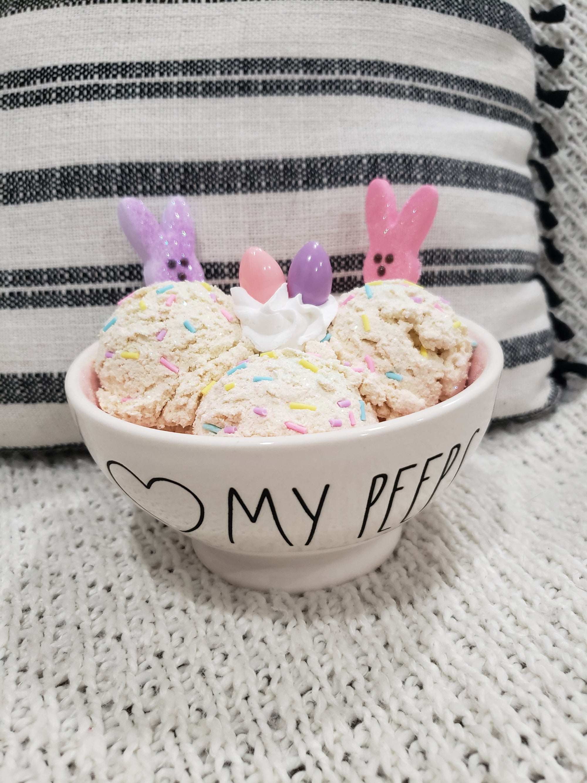 Rae Dunn "Love My Peeps" Bowl &  Pip Posh Design Faux Sweet Décor Vanilla Ice Cream Peeps Dessert Collection