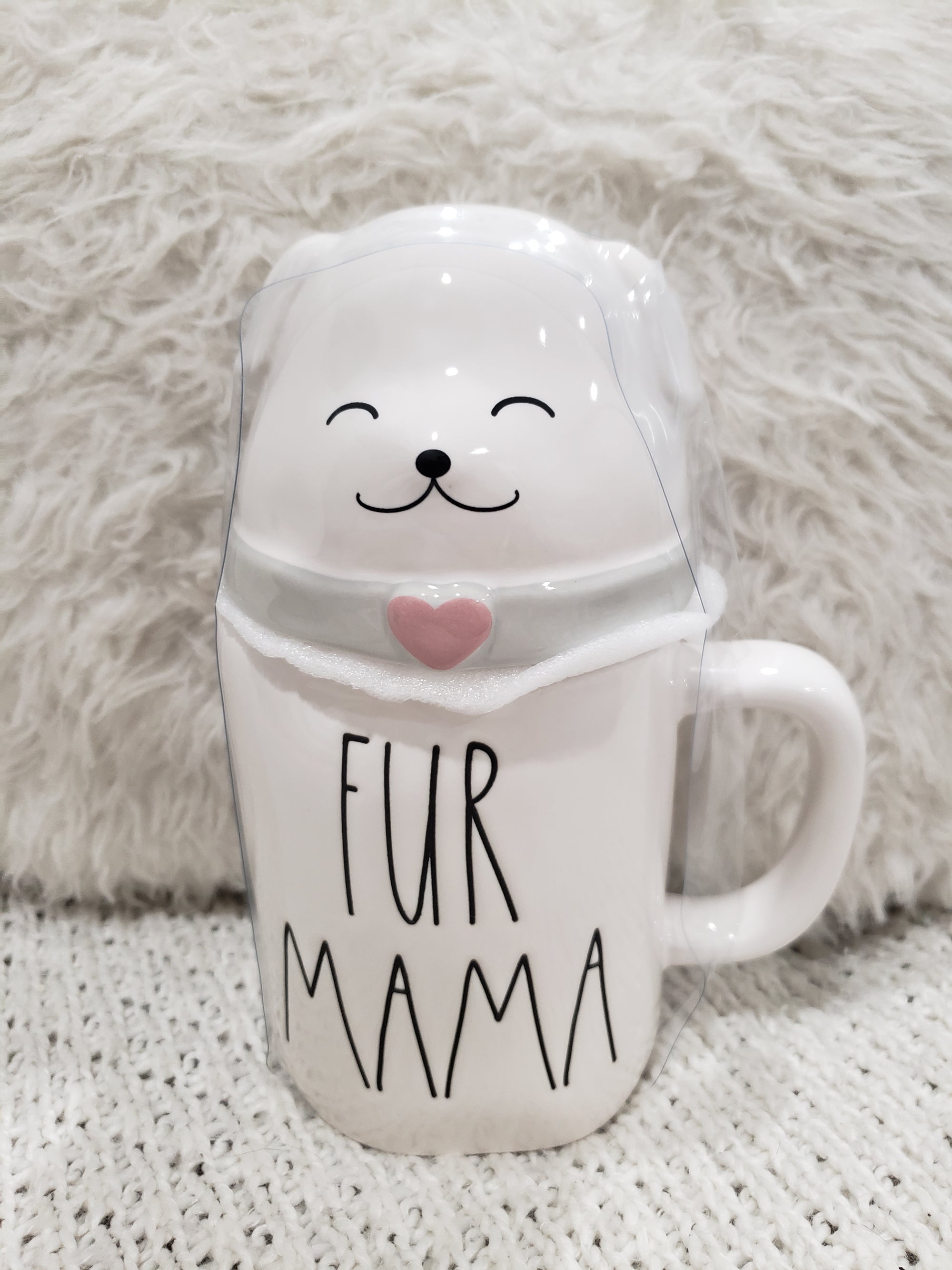 Rae Dunn "Fur Mama" White Mug & Puppy Dog Head Mug Topper Collection