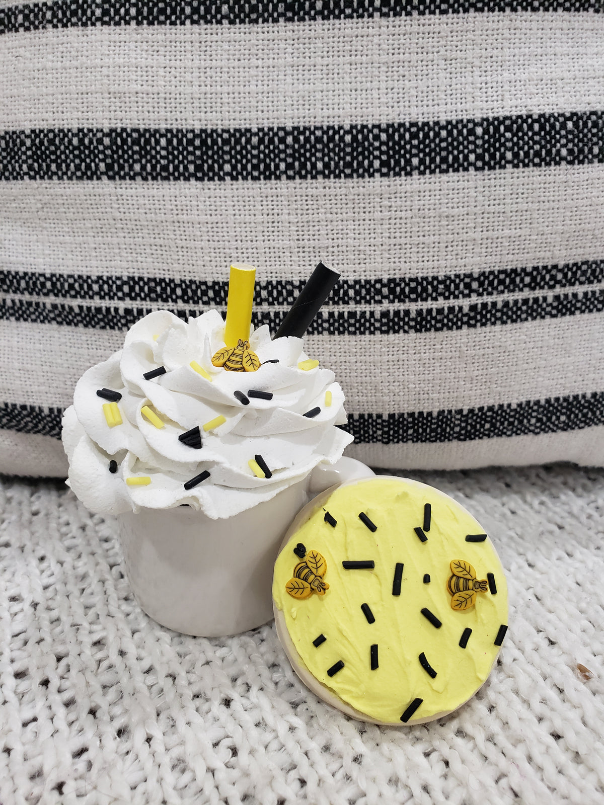 Pip Posh Design Faux Sweet Décor White Mini Mug &amp; Bee Whipped Topper Bee Sugar Cookie Bakery Collection