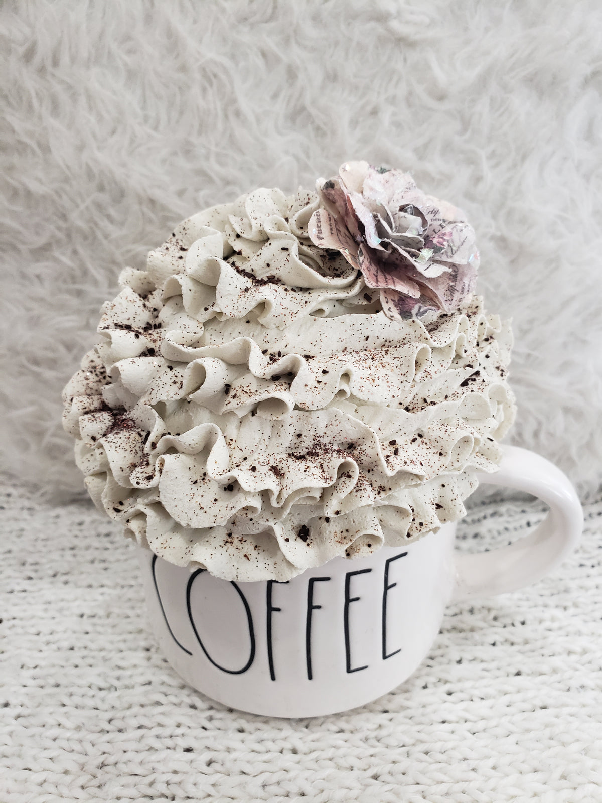 Rae Dunn &quot;Coffee&quot; White Mug &amp;  Pip Posh Design Faux Sweet Décor Cinnamon Ivory Topper Spring Collection