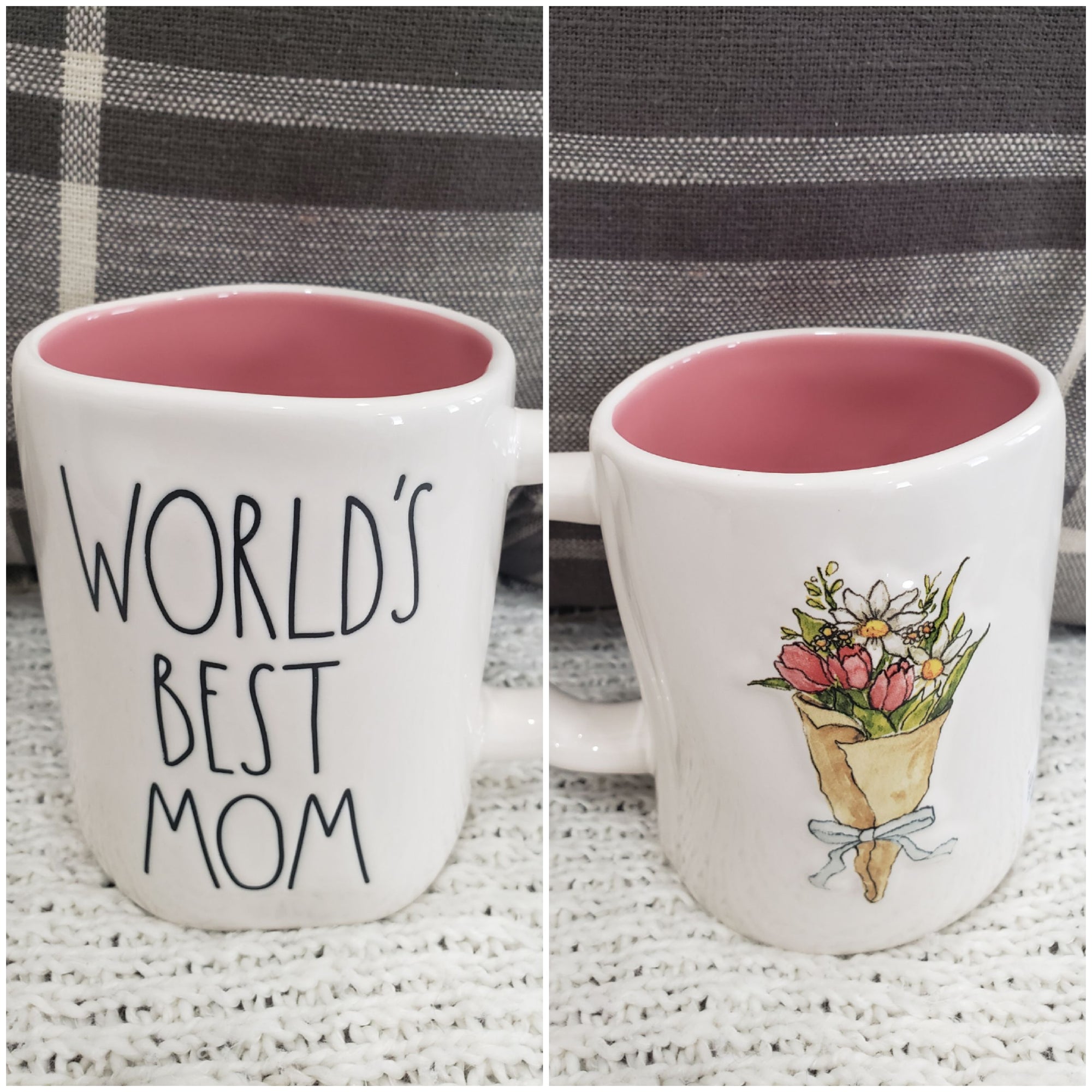 Rae Dunn "World's Best Mom" Flower Bouquet Double Sided Mug Collection