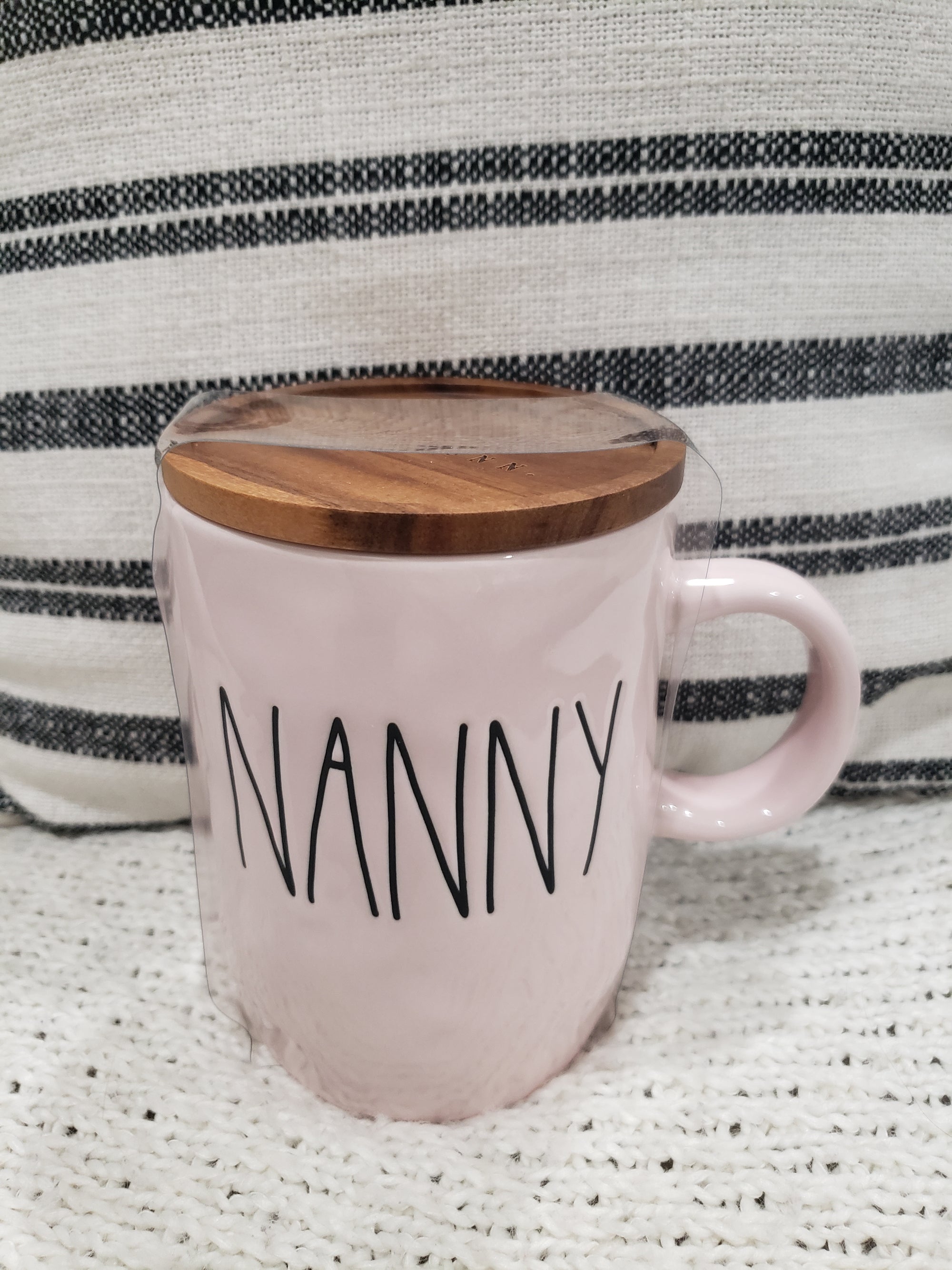 Rae Dunn "Nanny" Powder Pink Mug & Wooden Lid Warmer Collection