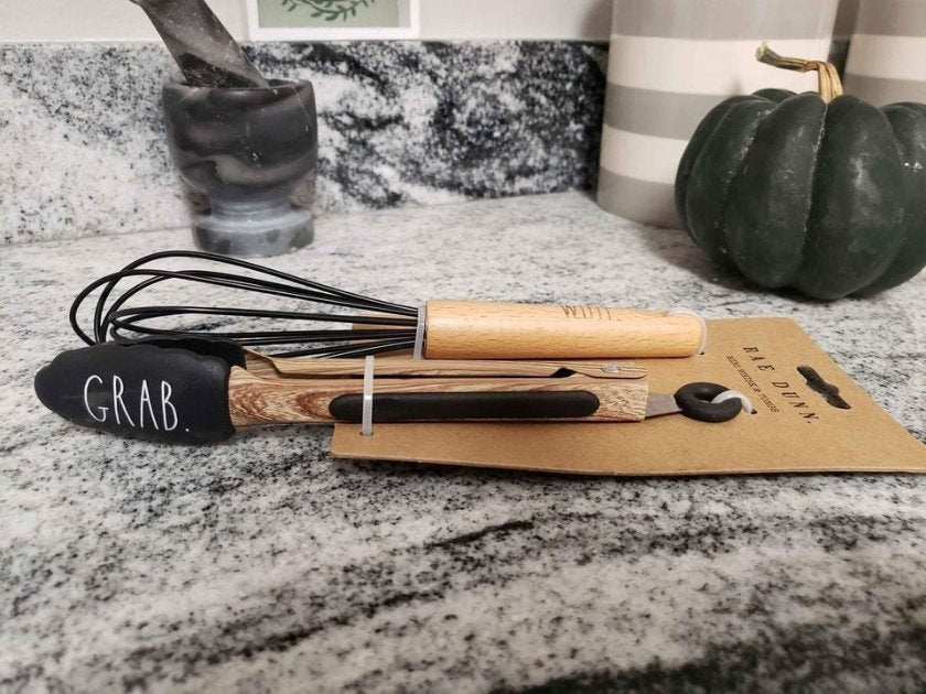 Rae Dunn &quot;WHIP &amp; GRAB&quot; Black **Mini** Whisk &amp; Tong Set