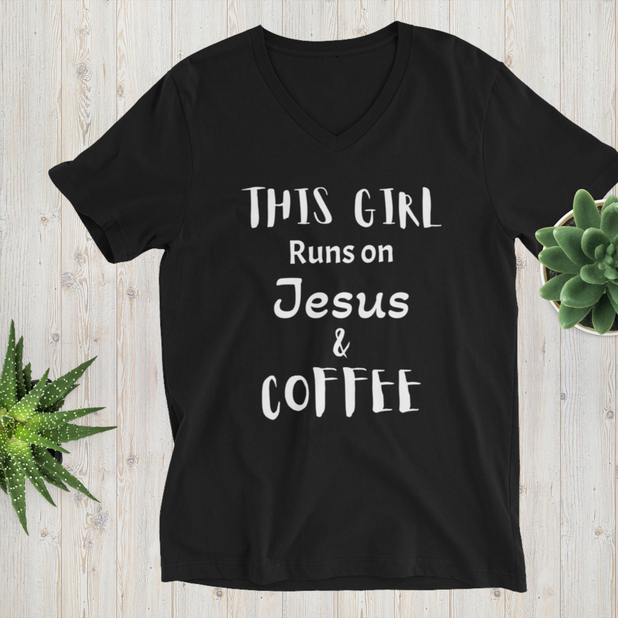 Pip Posh Design "This Girl Runs On Jesus And Coffee" Black Unisex Short Sleeve V-Neck T-Shirt