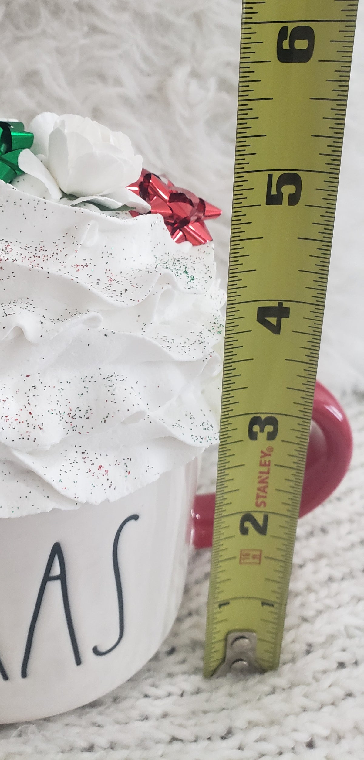 Rae Dunn &quot;Santa&quot; Double Sided Mug &amp; Pip Posh Faux Décor White Whipped Santa Hat Topper Holiday Collection